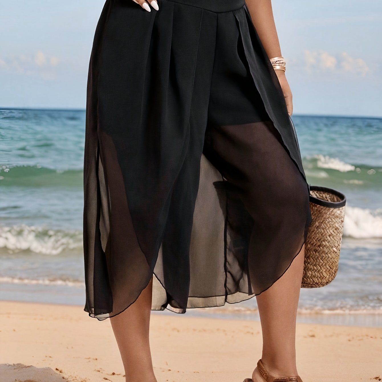 Plus Size - Women's Plus Size Solid Color Chiffon Cross-short Shorts