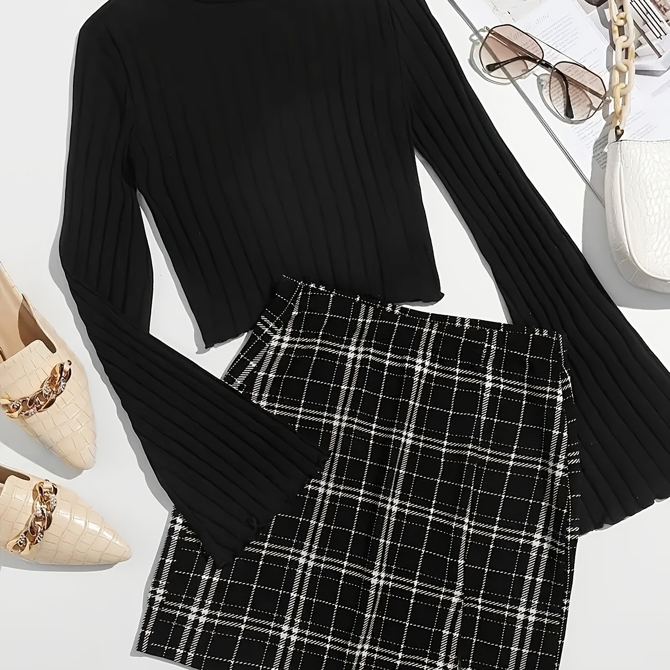 Casual Long Sleeve T-shirt And Slit Hem Skirt Set, Women's Clothing