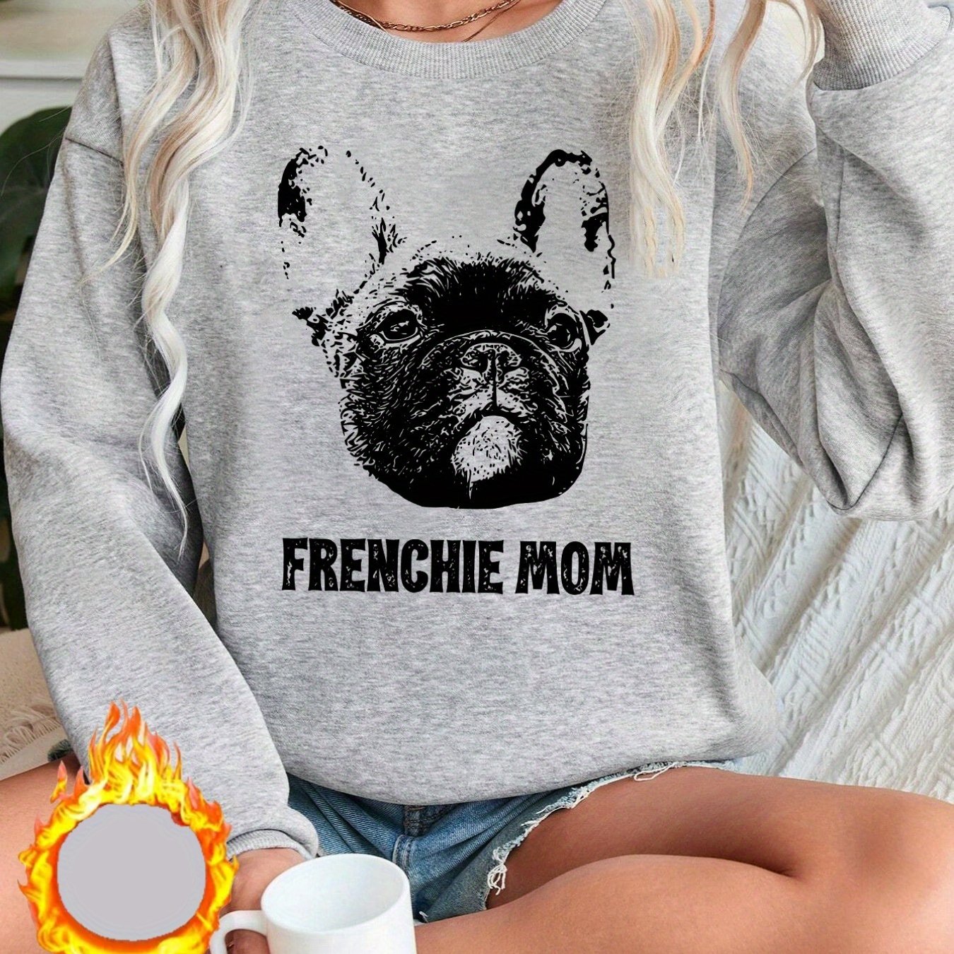 TEMU Women's French Bulldog Graphic Sweater - Pastel Pullover With Frenchie Mom Text, Cozy Long Sleeve Round Neck Sweater For French Bulldog Lovers,