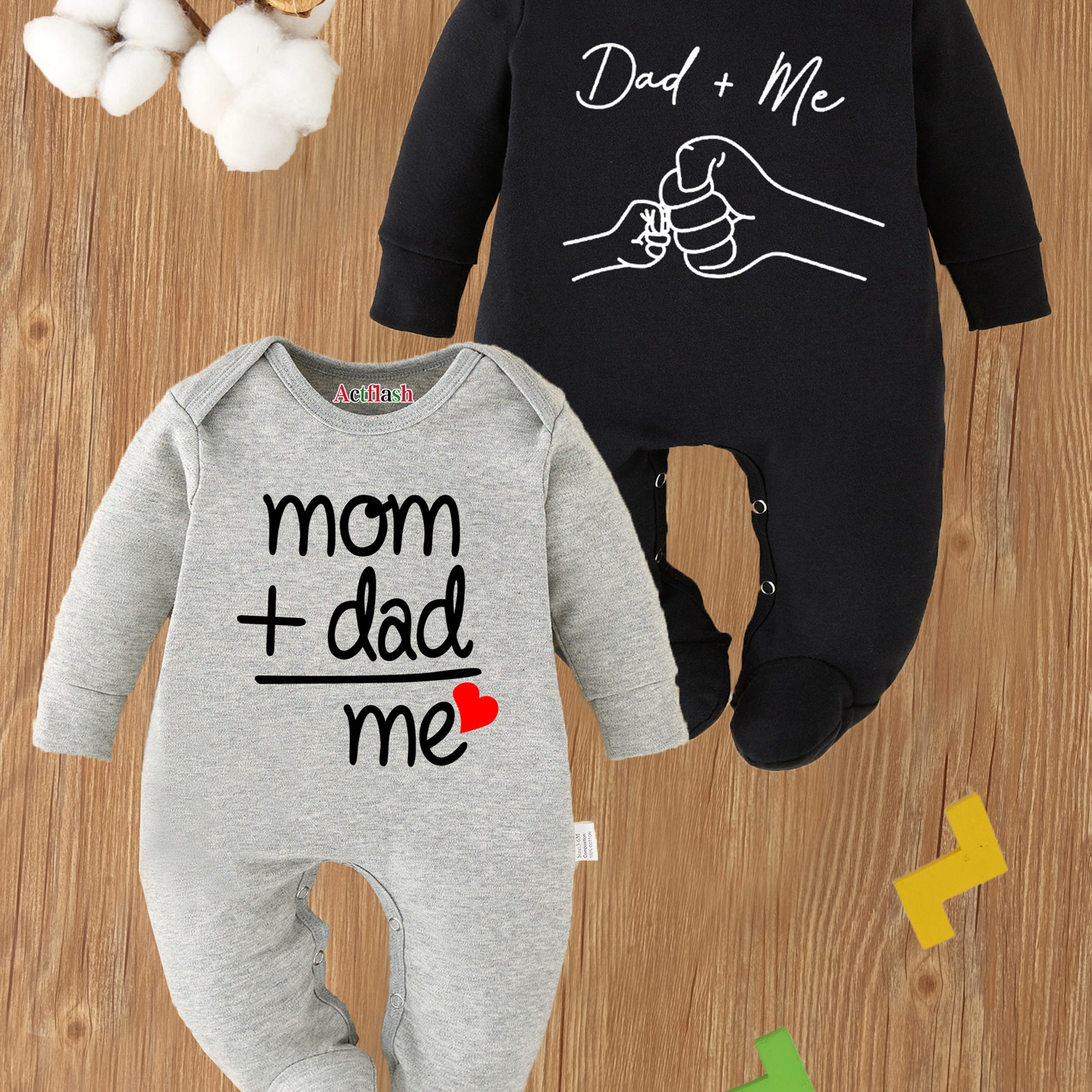 Image of 2pcs Dad+mom=me Letter Print Footed Long-sleeve Romper For Spring/autumn, Pregnancy Gift, Perfect For Outdoor