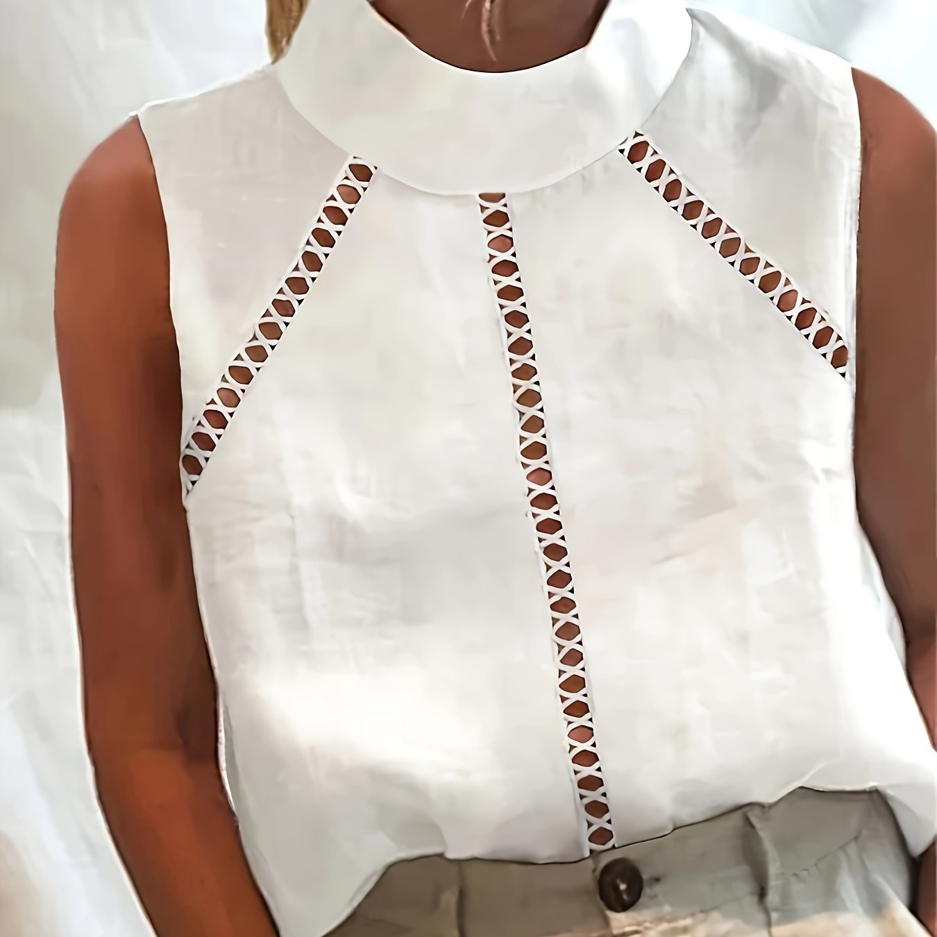 Solid Color Loose High Neck Hollow Lace Sleeveless Top
