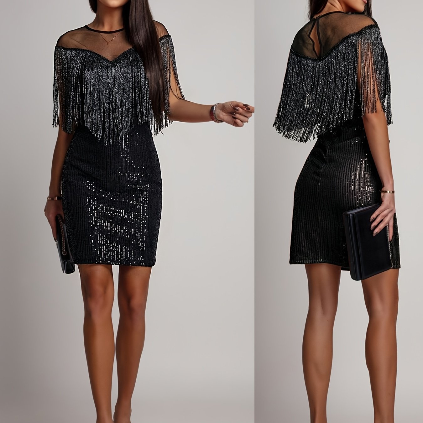 Image of Sequin Tassel Mesh Sleeve Fitted Mini Dress - Sexy Party And Dinner Gown