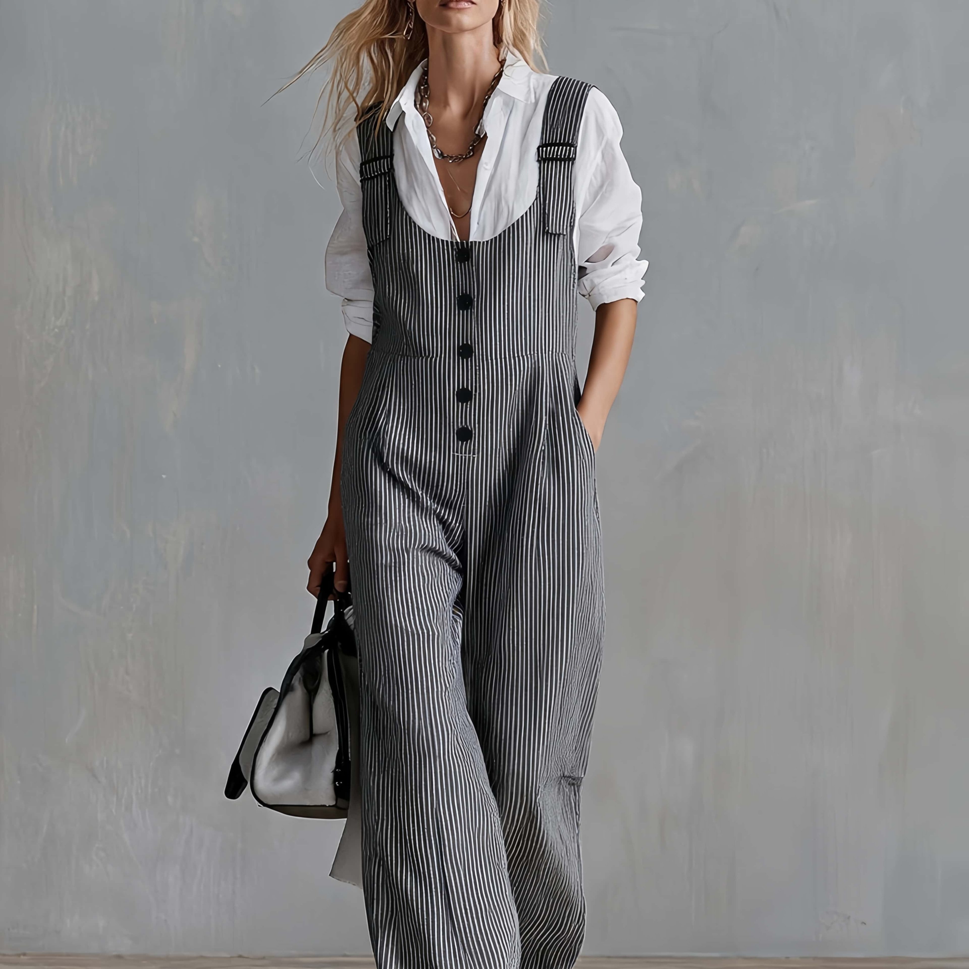 TEMU Women's Vintage Striped Single-breasted Wide-leg Overalls