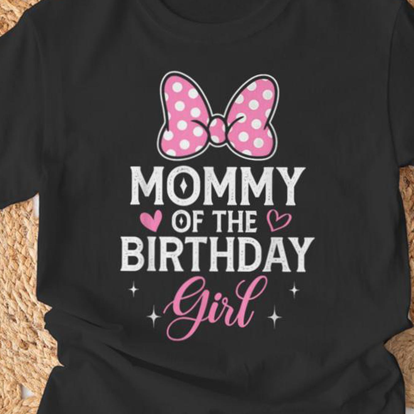 Image of Men's T-shirt, Mommy Of The Birthday Pink Bow Family Matching T-shirt Tee | Casual Crew Neck, Stretch Fabric, Regular Fit, Print Pattern, Perfect For