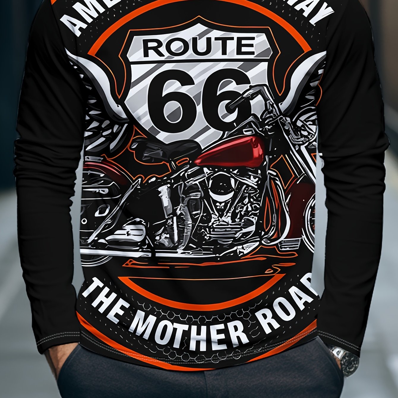 TEMU Men's Spring/autumn Casual Crew Neck Long Sleeve T-shirt, Us Motorcycle Print Vintage Base Layer