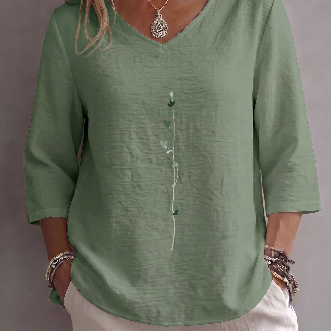 TEMU /summer Women's Apparel, , Eucalyptus Branches And Leaves With Print, , Casual, Versatile, Commuting, Loose Fit, V-neck, Three-quarter Sleeve