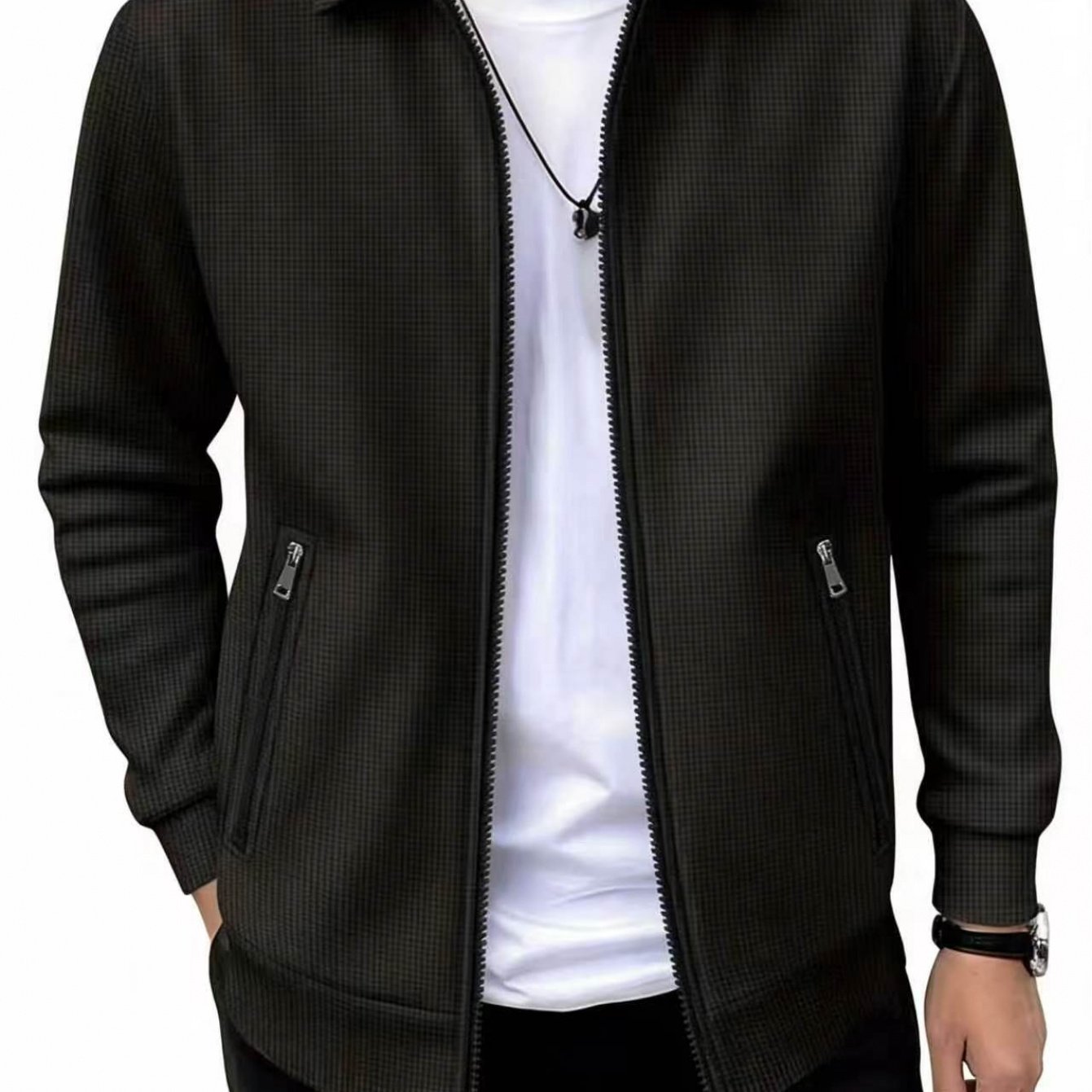 TEMU Men' Color Lapel Waffle Knit Long Sleeve Zipper Work Jacket, Outdoor Sports Spring And Autumn Men's Outerwear, Smart Casual Layering