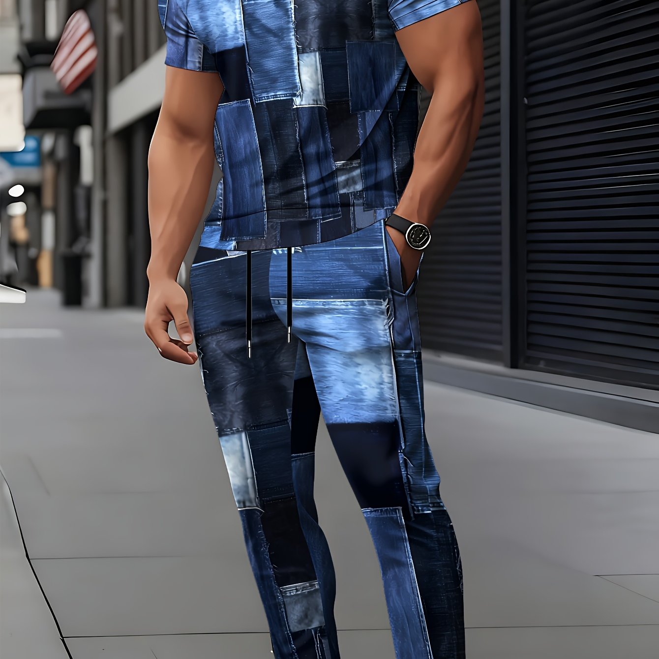 TEMU Men's Color-block Print Short-sleeve And Long Pants 2pcs Set - Summer Printed Men's Breathable And Comfortable Outdoor Casual Short-sleeve Crew