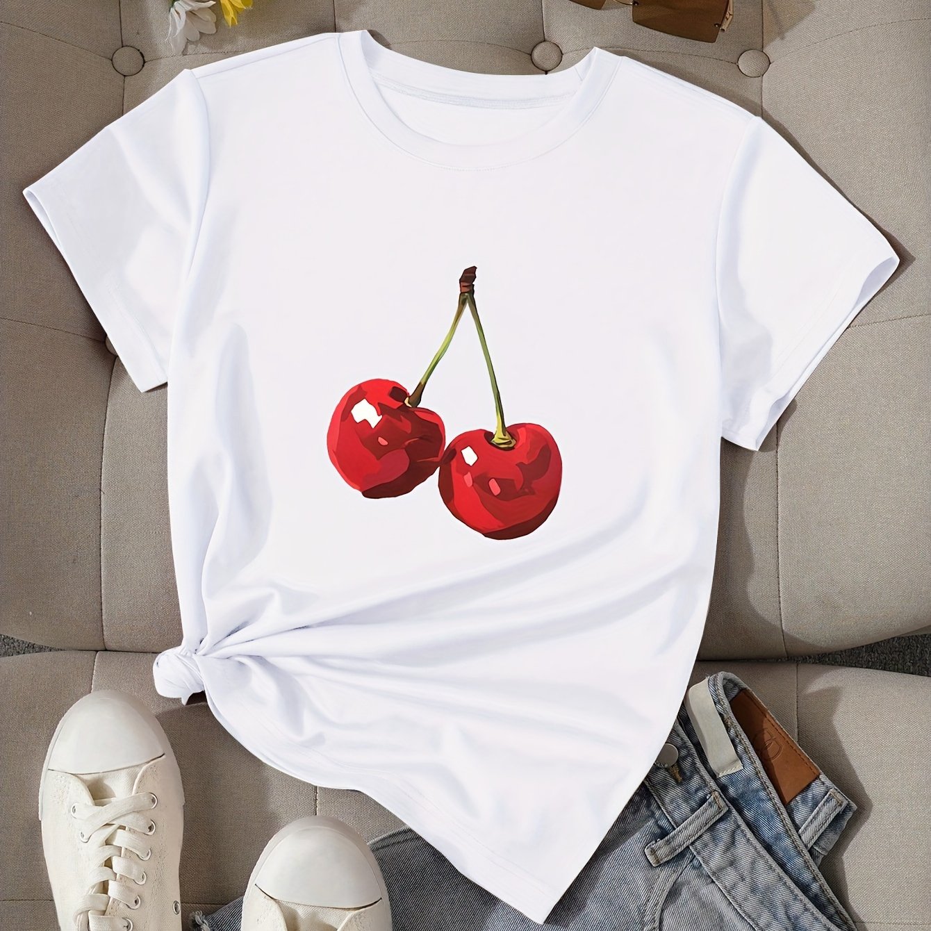 Cherry Print T-shirt, Short Sleeve Crew Neck Casual Top For Summer & Spring, Women's Clothing