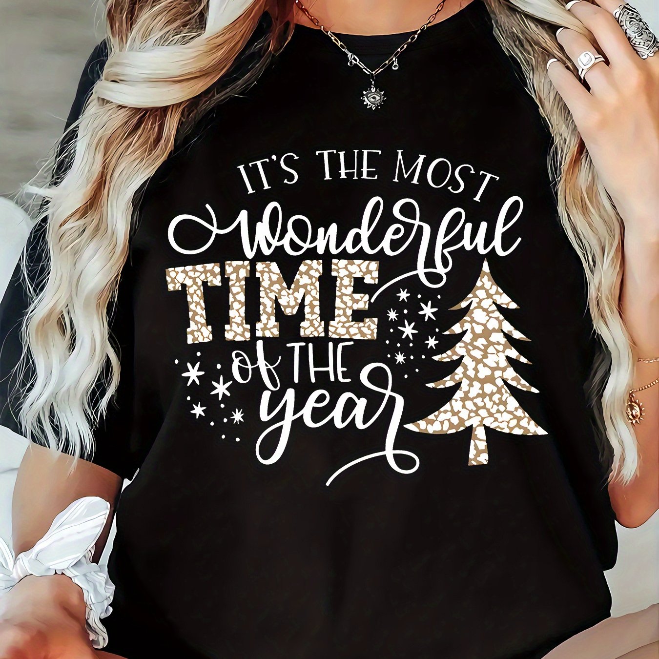 TEMU Plus Size, Print Plus Size Women's Casual T-shirt, Round Neck, Short Sleeved, Slightly Elastic Fabric, Regular Style, Comfortable Top For Women