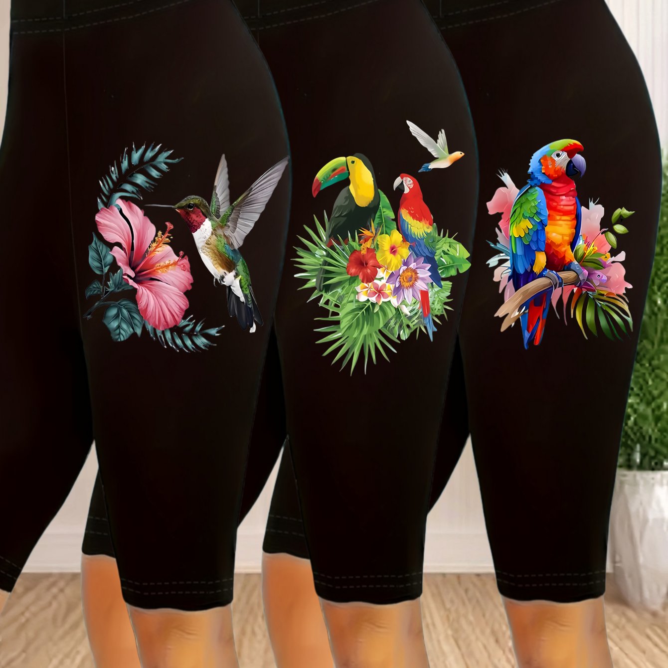 TEMU Plus Size, Extended 3pcs Plus Size Women's Printed Stretch Waistband S Leggings