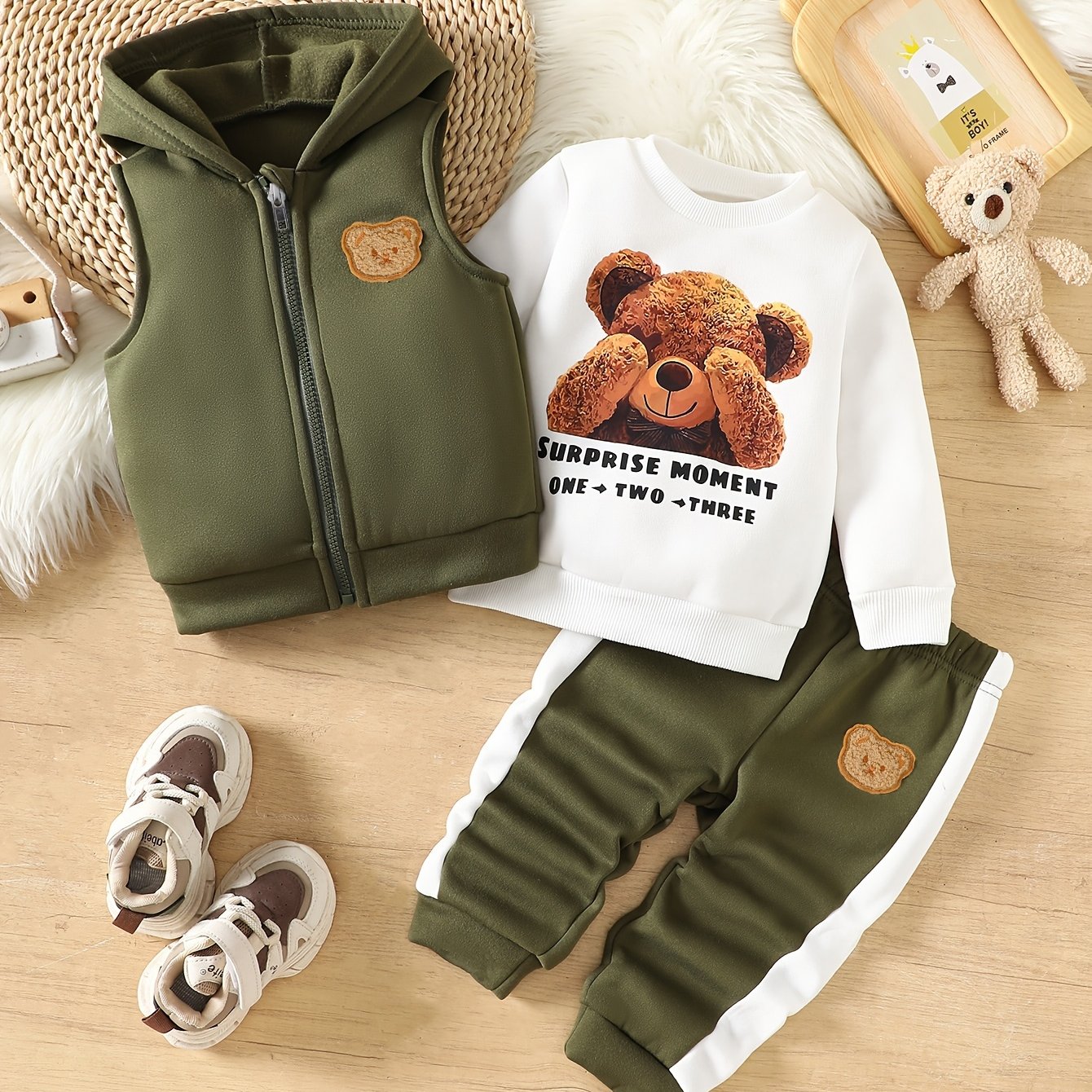 Image of 3-piece Set, Baby Boy's Autumn/winter Warm Set, Bear Embroidery Hoodie + Bear Pattern Print Long-sleeve Top + Bear Embroidery Color-block Pants, Casual Sportswear With Zipper Details, -lined