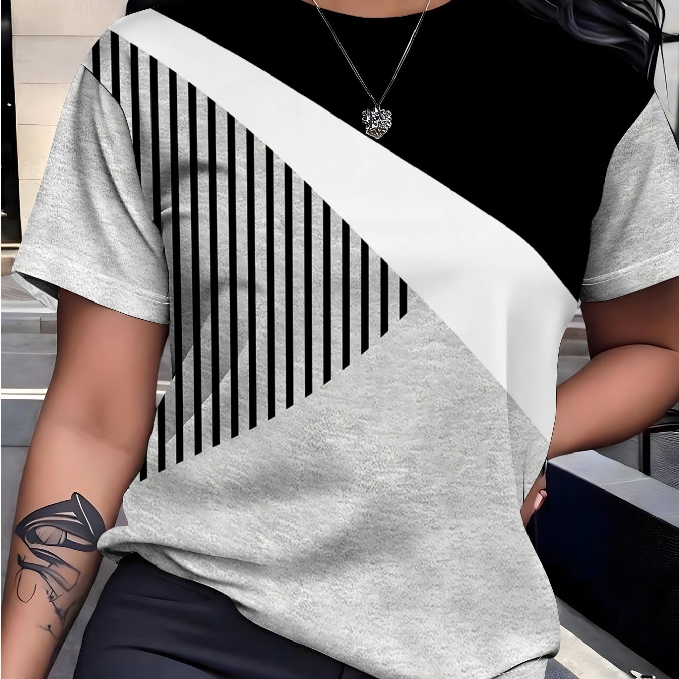 TEMU Camiseta de moda para mujer con cuello y manga corta, top casual con estampado de bloques en , y