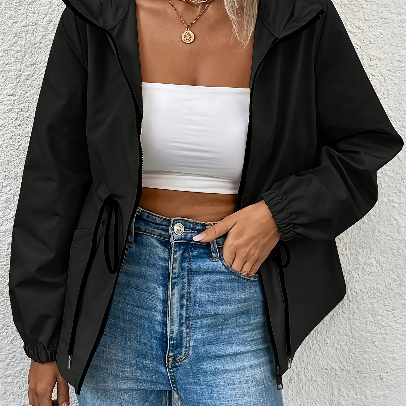 TEMU Jacket With Drawstring Zipper And Hood