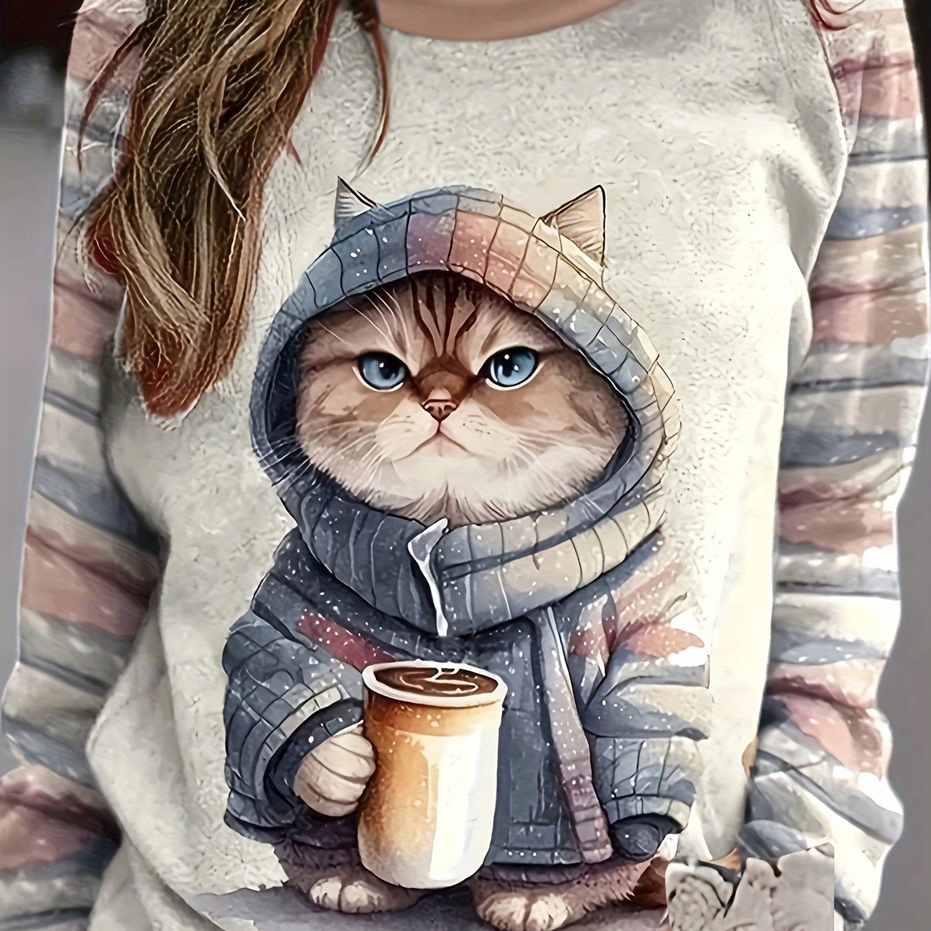 Women's Cute Cat Print Round Collar Fashion Casual Top