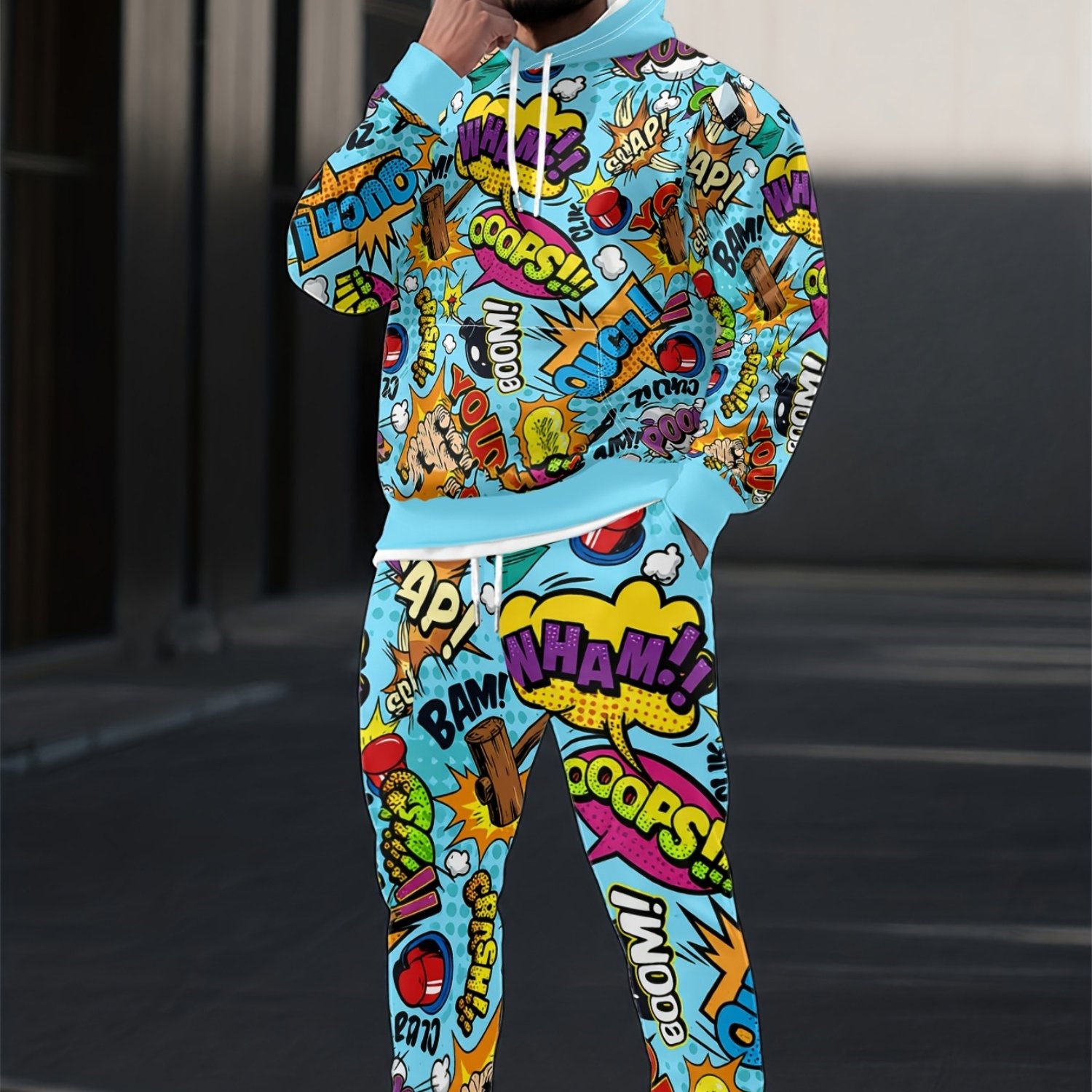 TEMU Men's Vibrant Cartoon Themed Hoodie And Pants Set - Polyester, Print, Casual Urban Style, Fall/winter Collection