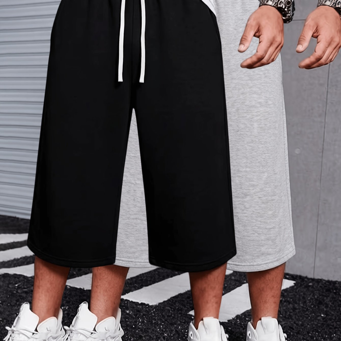 TEMU 2pcss Summer Boys' Athletic Capri Pants, Black/light Gray/2pcs Set, Casual Elastic Waist Drawstring Bermuda Shorts, With Pockets, Suitable For