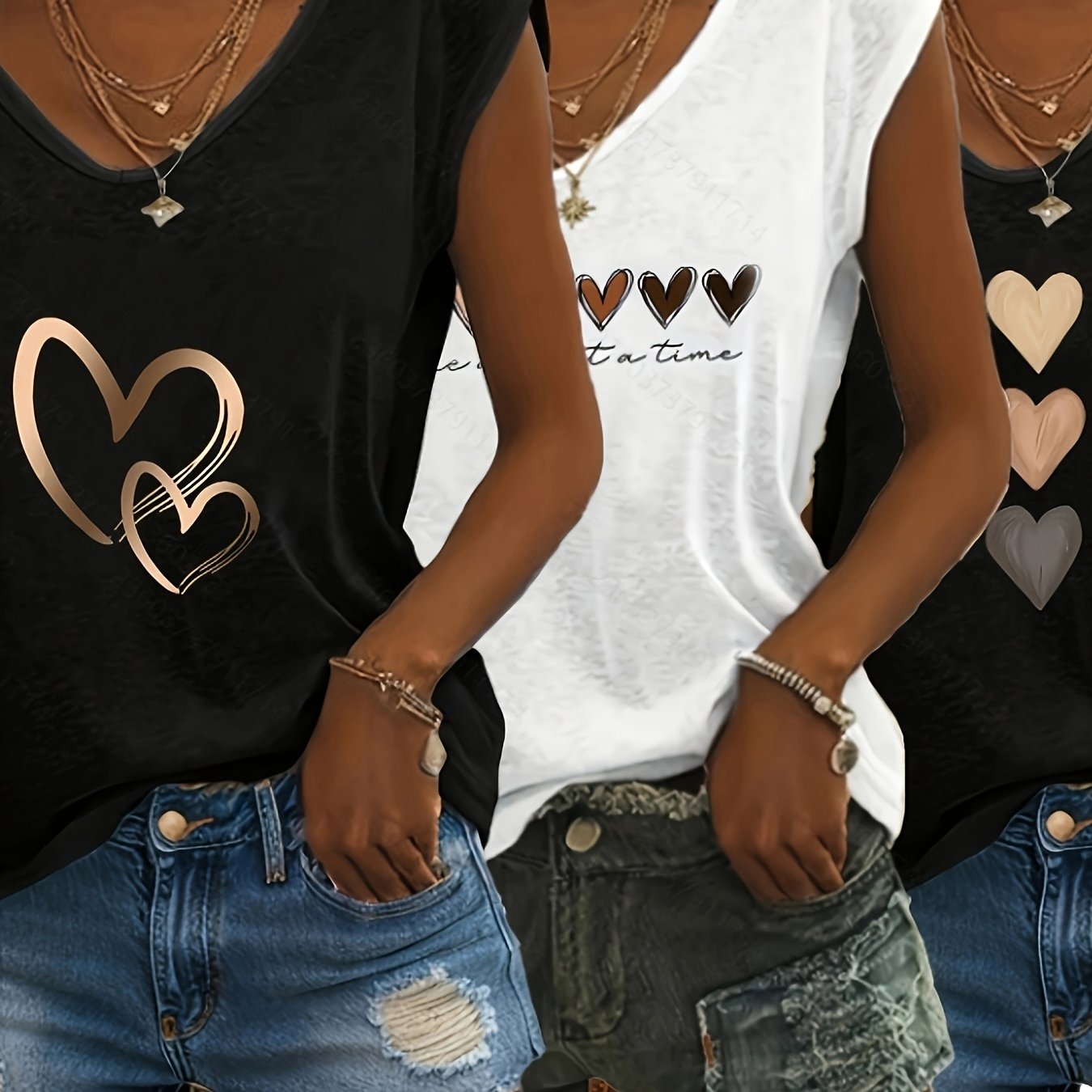 Image of 3pcs Printed V-neck T-shirt Set, Casual Loose Fit Spring/summer Base Layer Short Sleeve T-shirt, Women's Wear, Machine Washable - Suitable For Daily And /summer