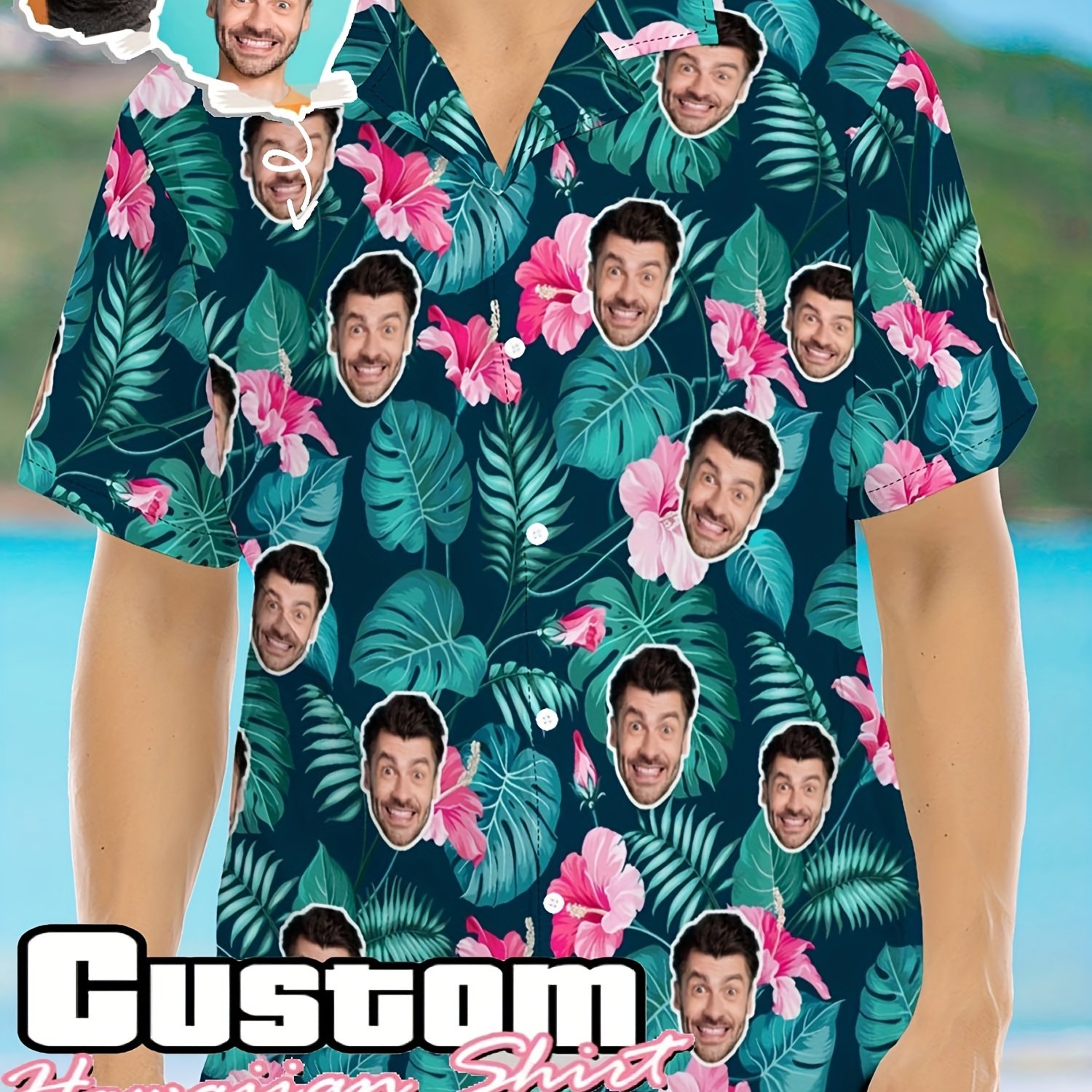 E-shop Personalisiertes Hawaii-Shirt mit Foto | Hunde Katze Gesicht Urlaubs Tropisches Muster, Lässiger Reverskragen, Passform, Leichter Stretch-Stoff