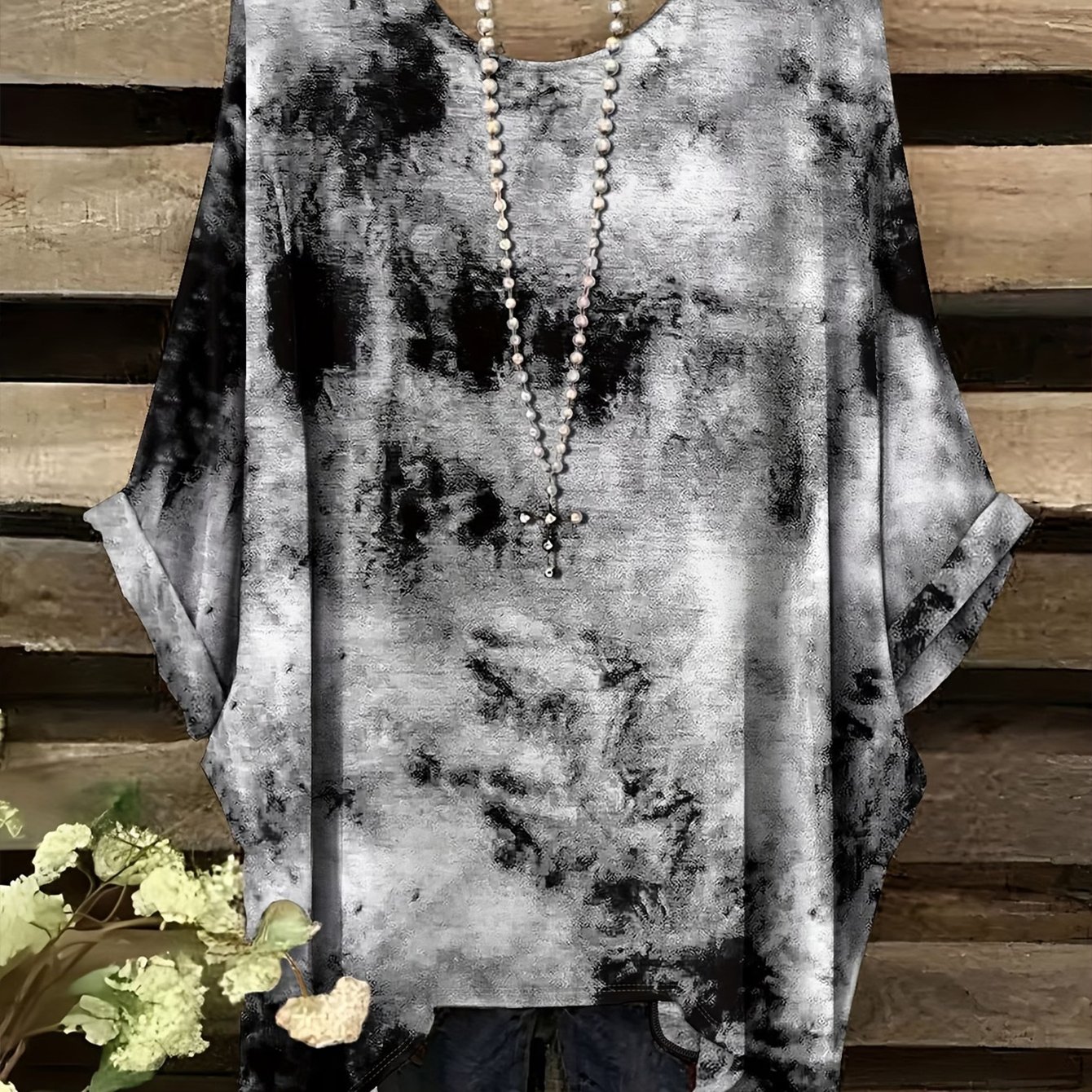 TEMU 【大きいサイズ】大きいサイズ - [プリントデザイン - テクスチャなし] 大きいサイズのレディースファッション服。トなリゾートスタイルを特徴とし、ヴィンテージなタイダイの柄プリントパターンが施されています。