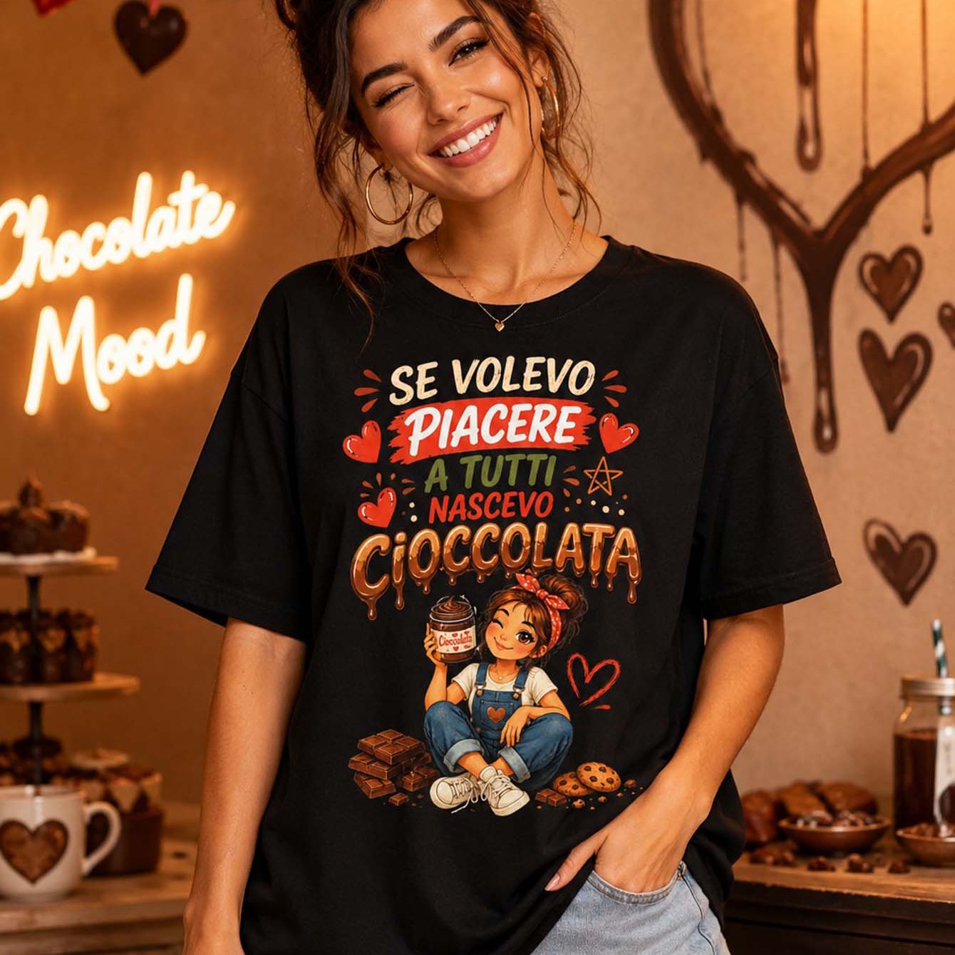 Image of Se Volevo Piacere A Tutti Nascevo Chocolate Graphic Black Oversized Casual T Shirt Holiday Gift Short Sleeve Season Tee Daily Wear