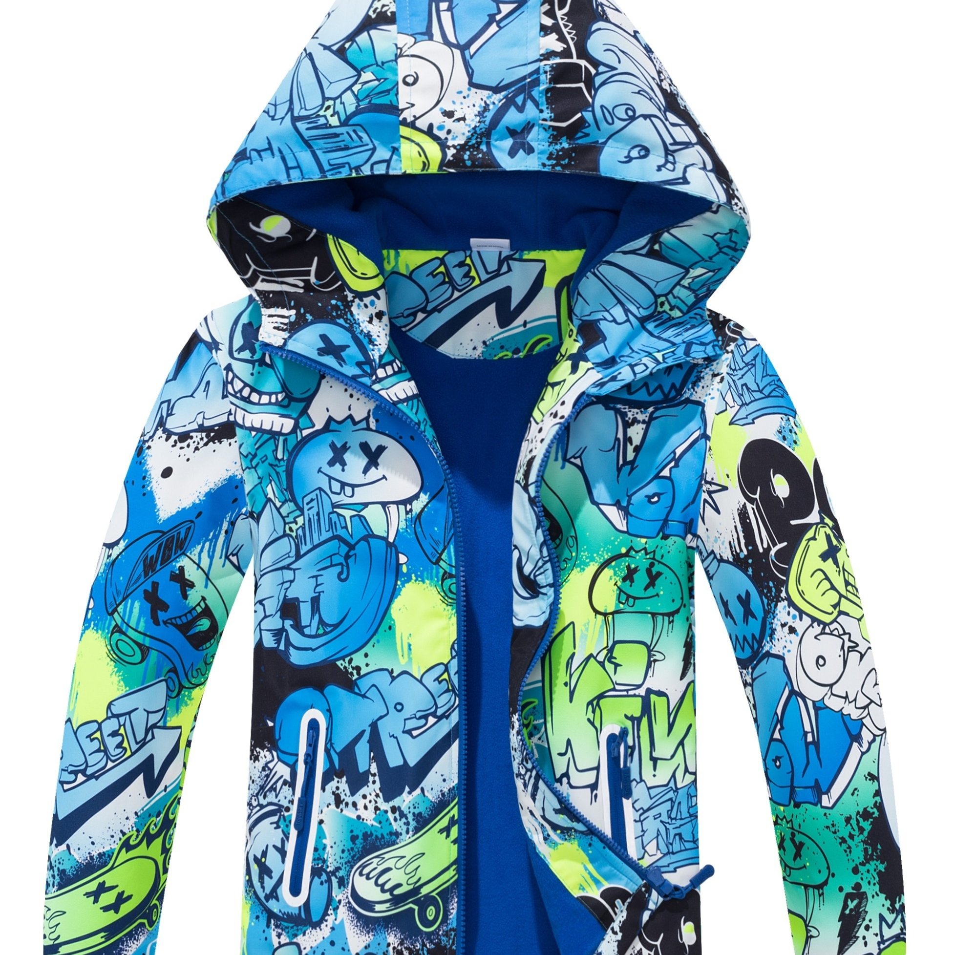 Boy's Graffiti Print Hooded Jacket, Zip Up Lightweight Windbreaker For Outdoor Coat