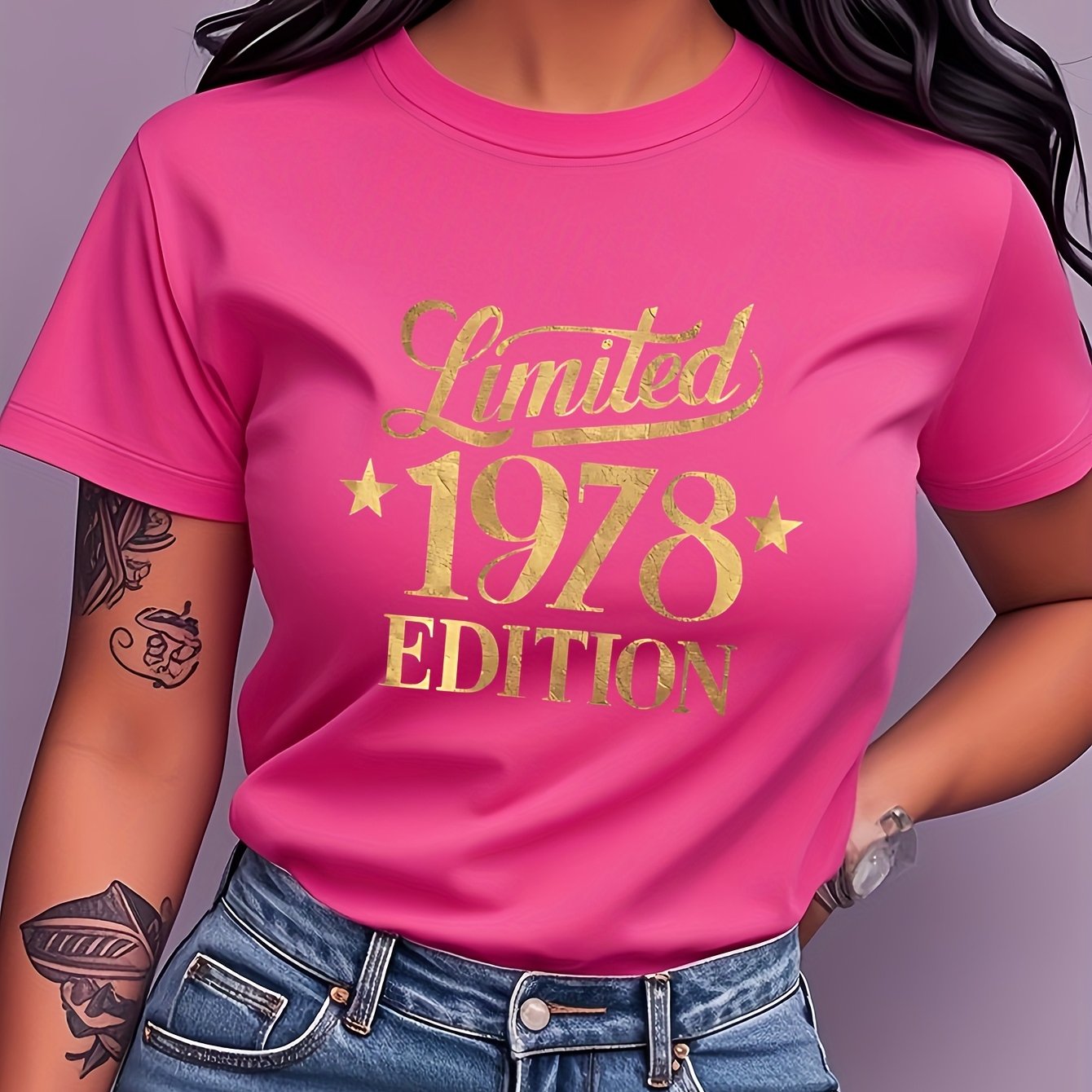 TEMU 1978 Edition Printed T-shirt, Short-sleeved Round Neck Women's Clothing, Retro , Trendy And Versatile, Casual Wear For Daily Commuting, Parties,