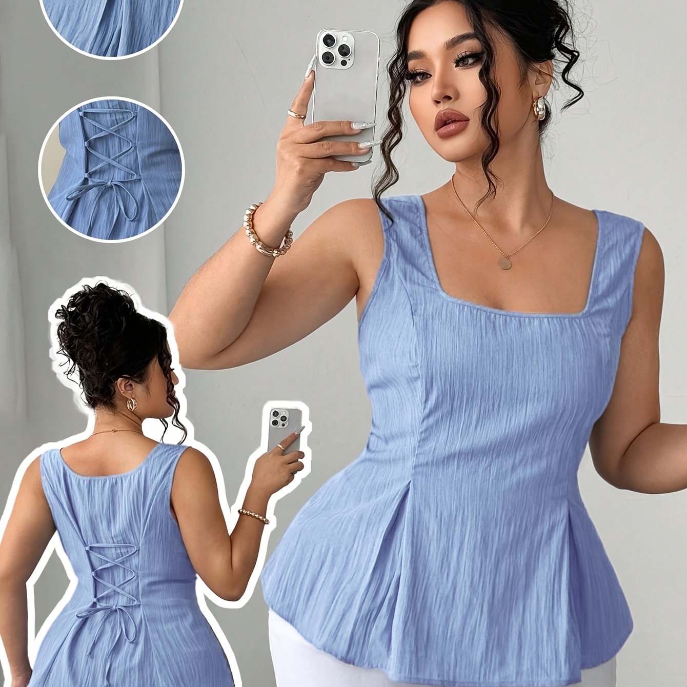 TEMU Plus Size, Elenziga Square Neckline Elegant Plus Size Women's Shirt With A-line Waist 2