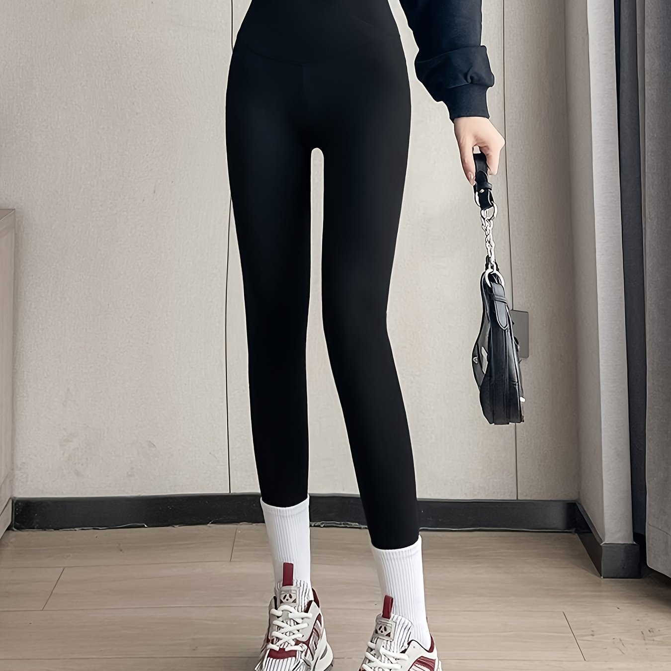 E-shop Damen High-Waist Leggings - Cross-Waist Design Bauchkontroll-Tights, Nicht Durchsichtiger Stoff, Bauchkontroll-Stil Ganzjahres-Leggings