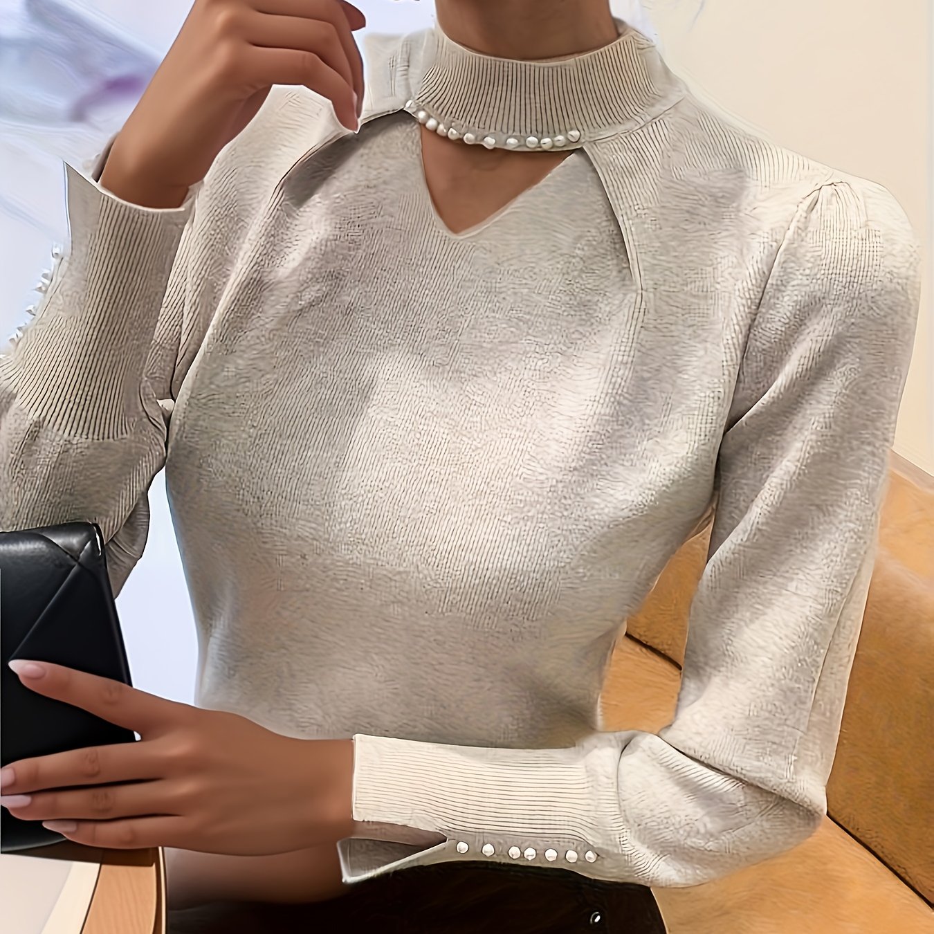 E-shop Lässiger Damen Pullover mit langen Ärmeln und Perlen | Frühling/Herbst, Unifarben, Rundhalsausschnitt, Passform