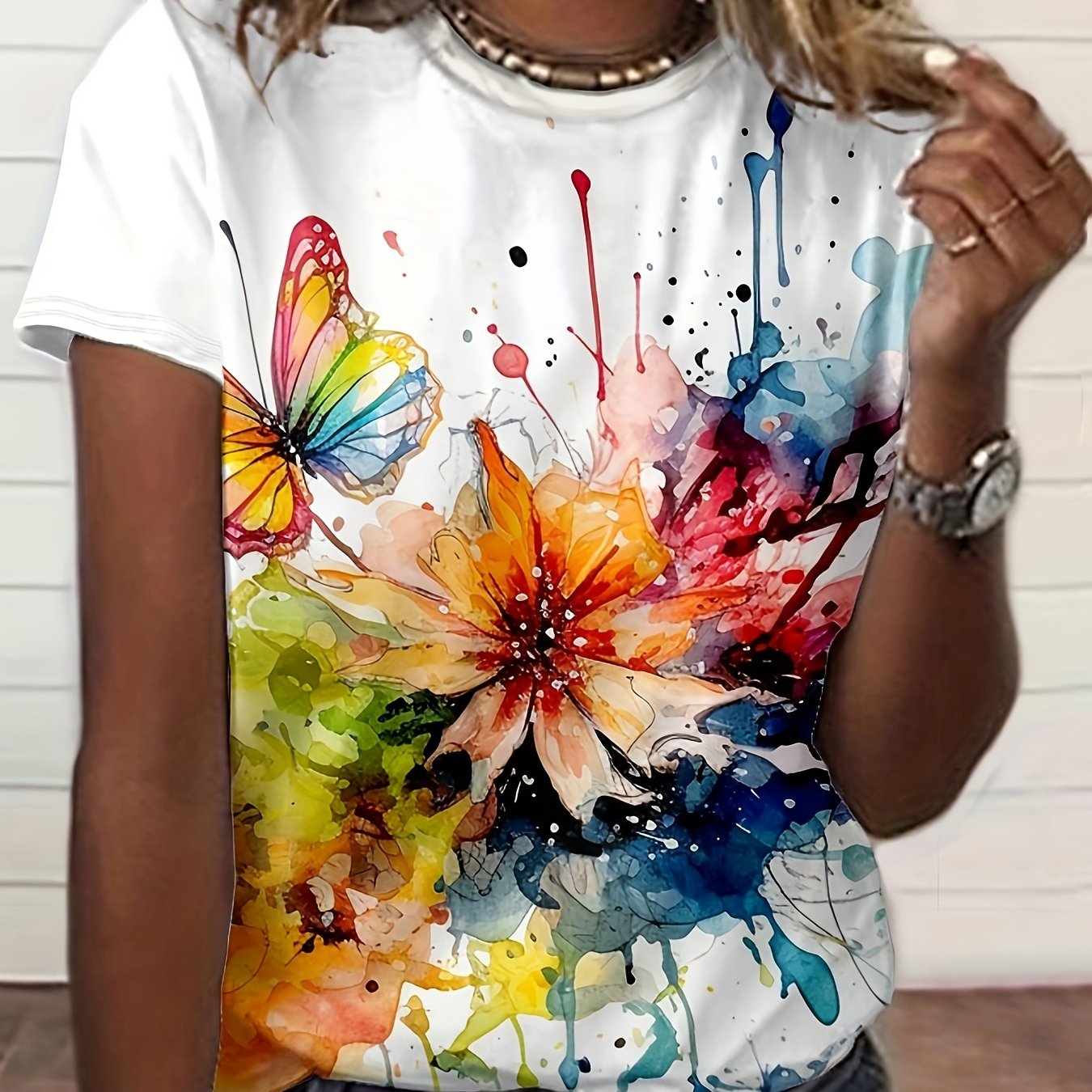 Image of Flower Print Summer Short Sleeve Fashion Top Women's Casual Vacation Beach Casual T-shirt