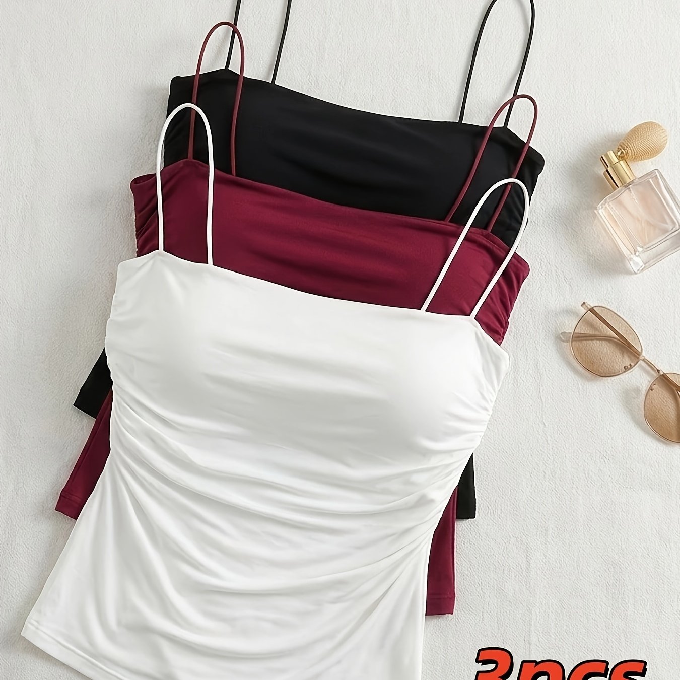TEMU 3pcs Women's Niche Color-block Strap Cami Vest Set, High-elastic Breathable Material, Built-in Padding For Shaping, Suitable For Casual Leisure