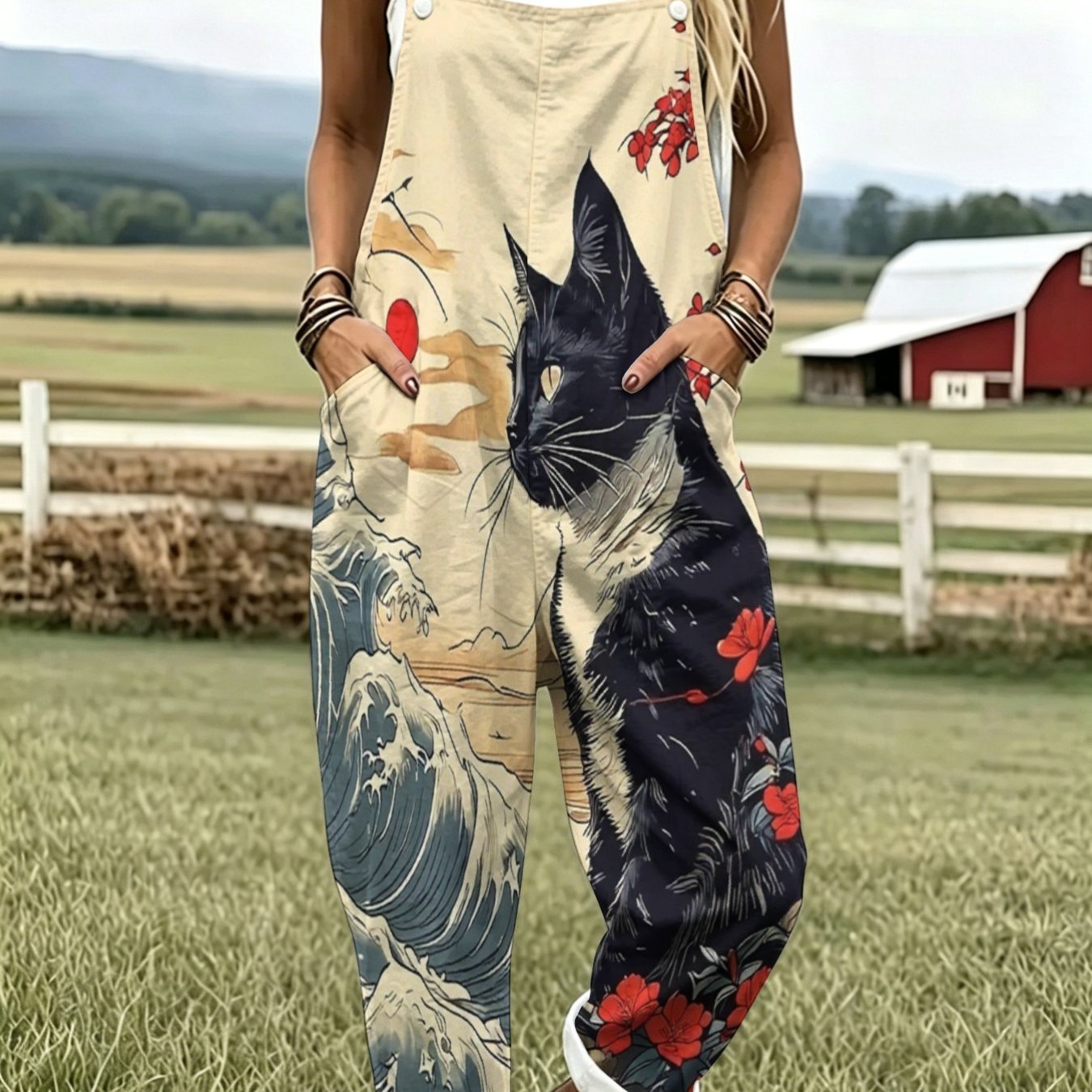 TEMU -e Style Black Cat Floral Print Women's Overalls, Chinese Style Art Loose Wide-leg Jumpsuit With Large Pockets, Roll-up Cuffs, Niche Artistic