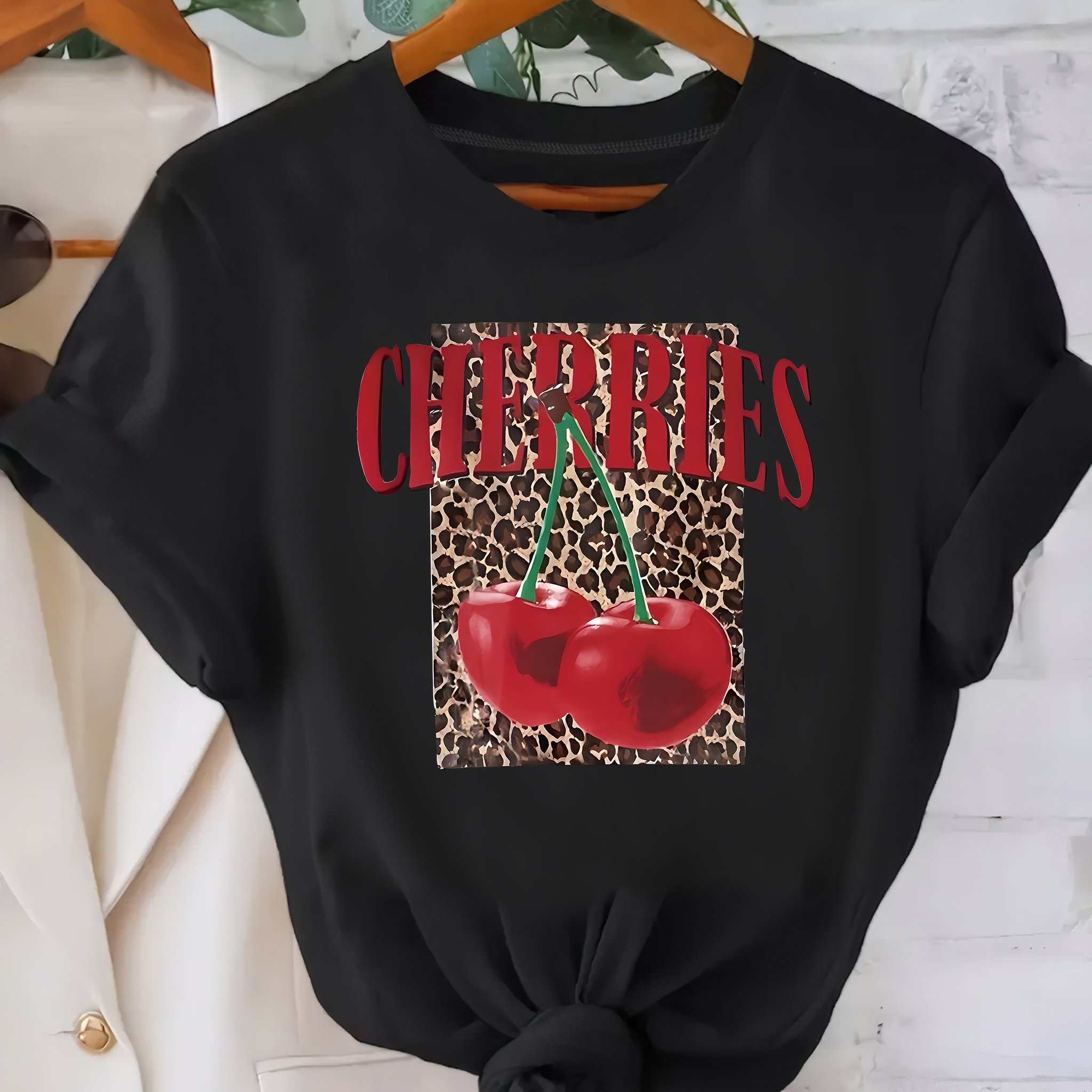 TEMU 1pc Women's With Cherries & Leopard - "cherries" Text, Vintage , Casual & Versatile, Birthdays & Festive Gifts, Festive Gift Tee | Print Tee | ,