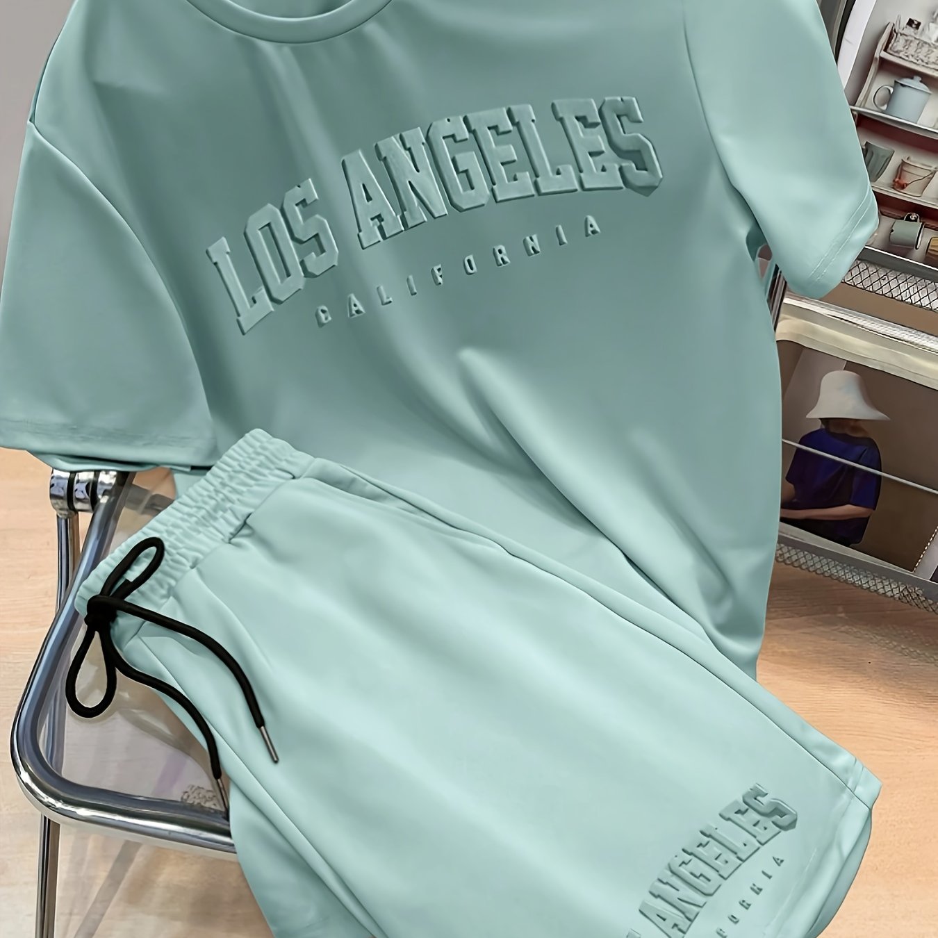 Image of Men' Solid Color Letter Embossed Short Sleeve T-shirt And Shorts Set, 2pcs