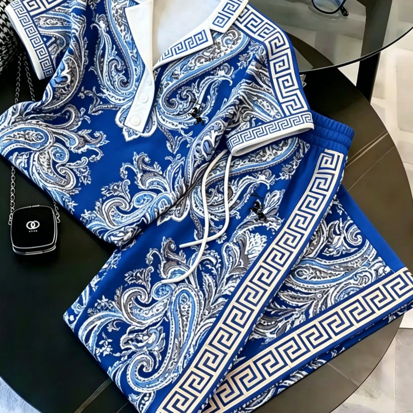 Image of Summer Unisex Printed Short Sleeve And Long Pants Set- Retro Hip Hop Style, Soft And Breathable, 100% Polyester Fiber, Vibrant Printed Design, Perfect For Casual