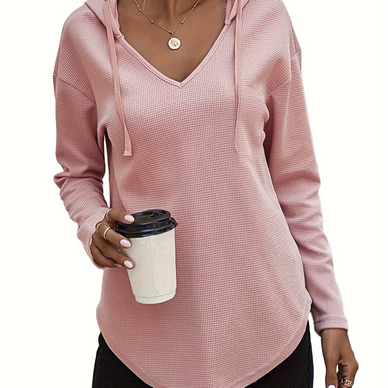E-shop Handschal-Saum V-Ausschnitt Kapuzenpullover, Casual Langarm Hoodie mit Kordelzug, Damenbekleidung
