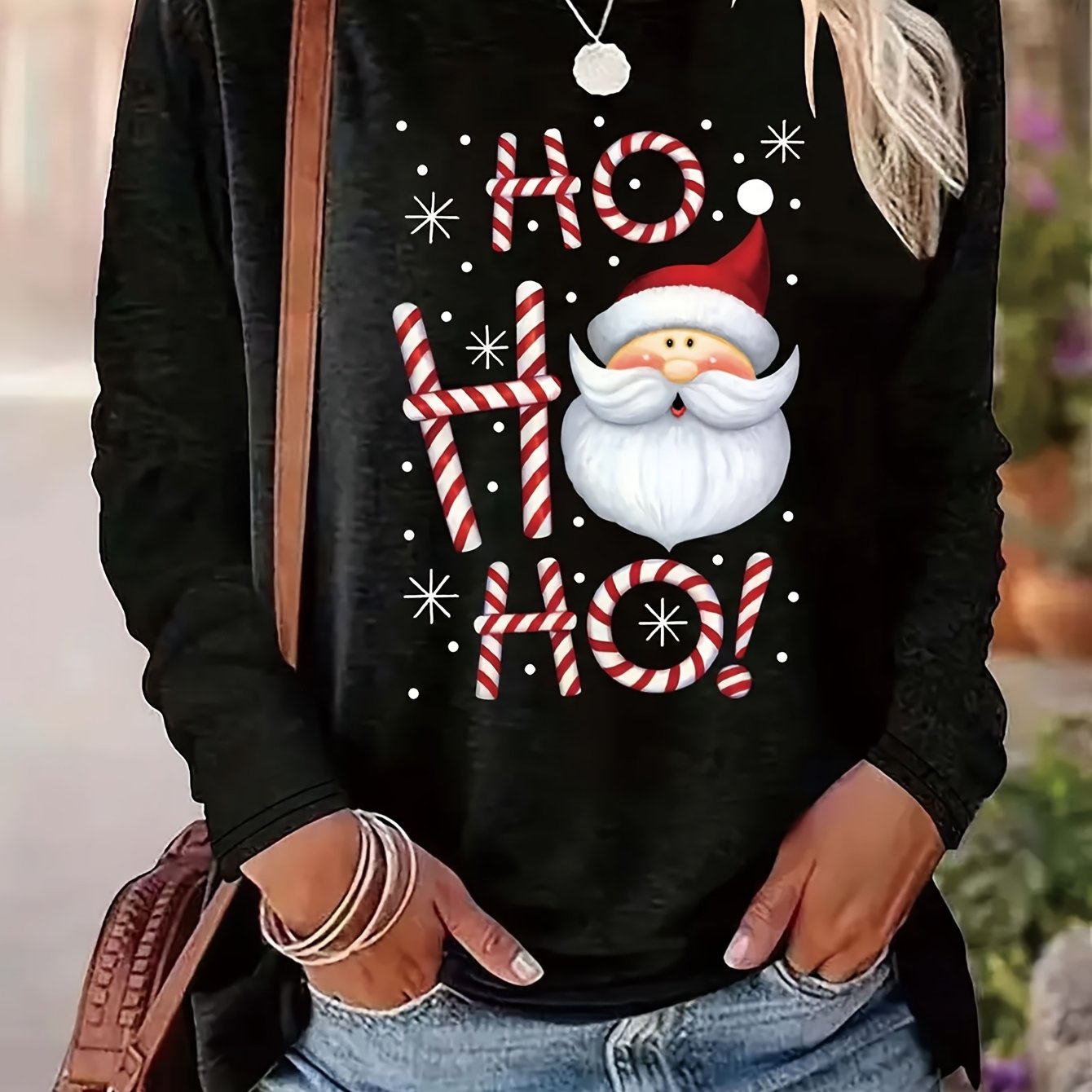 TEMU Women's Casual Long-sleeve Round Neck T-shirt - Festive Santa Claus And Candy Cane Print, Machine Washable, Essential For Spring Summer Fall,