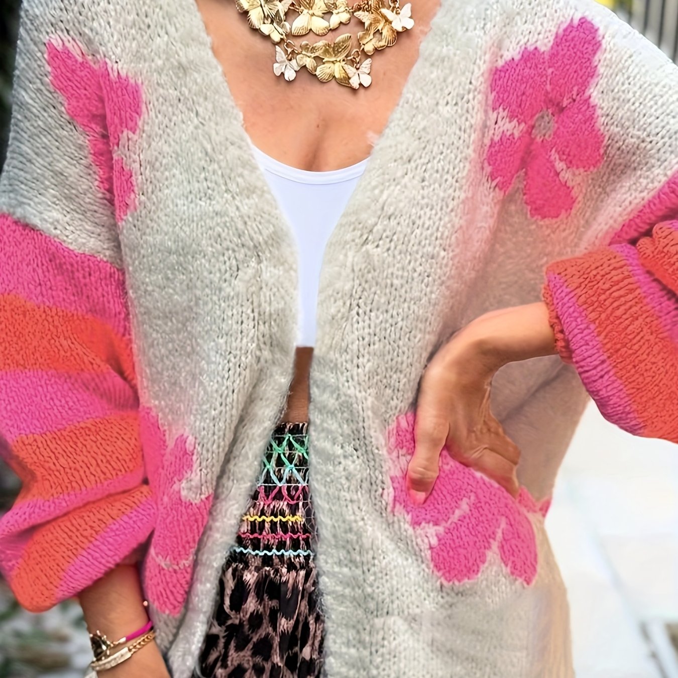 Autumn And Winter Color Block Sweater Knitwear Long Sleeve Loose Open Cardigan