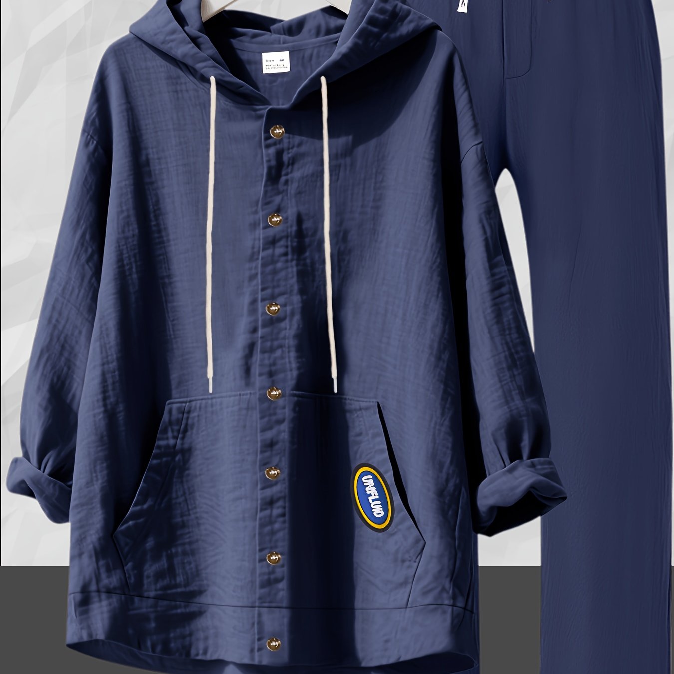 TEMU Men's Fashion Linen 2pcs Hooded Set, Spring, Autumn, Summer - Adjustable Drawstring Hood Design, Button-front , Front Kangaroo Pocket, Loose And