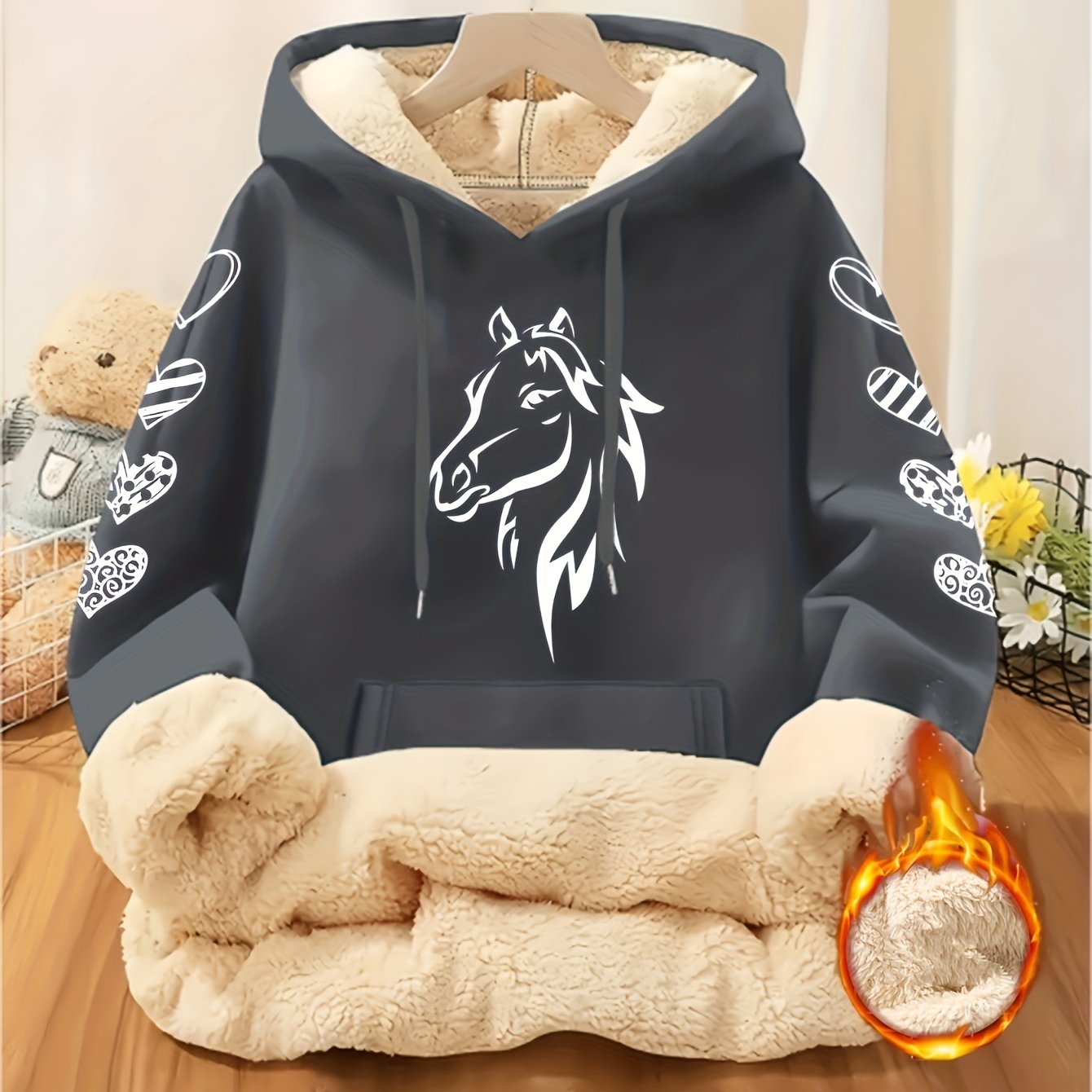 TEMU Women's Minimalist Horse Style Creative Printed Comfortable -friendly Fleece-lined Warm Casual Hoodie, Women's Hoodie, Women's Fleece-lined Top