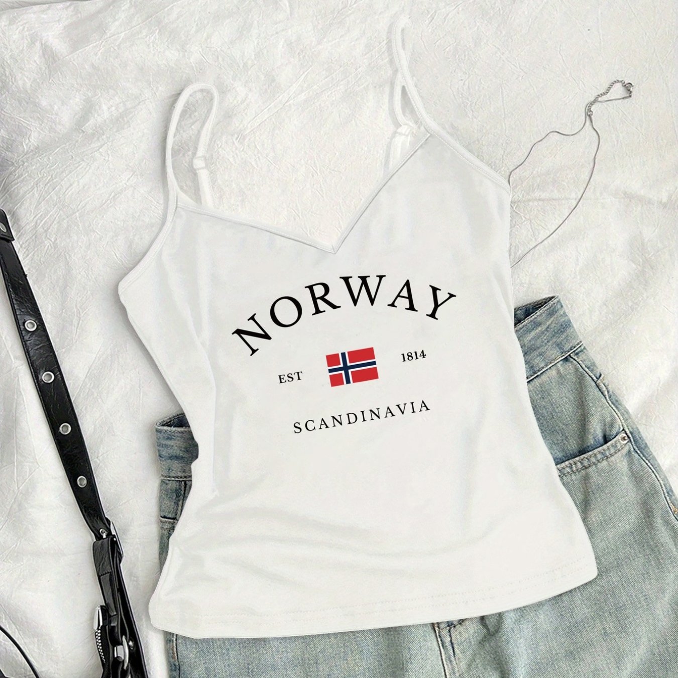 TEMU Women's Flag Print V-neck Vest - Suitable For -themed Outfits, Casual , Machine Washable Blouse Style For Norway Apparel