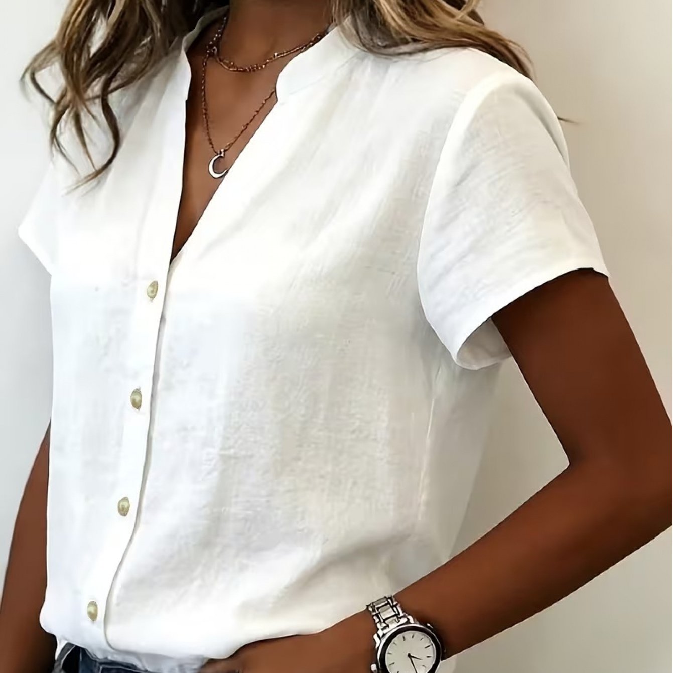 TEMU Women' Short-sleeve Shirt, V-neck Button-front Casual Top, For Commuting And Daily Wear