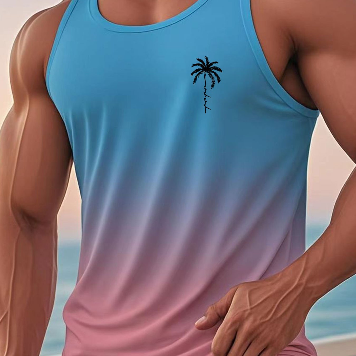 TEMU Summer Men's Casual Vest Top, Men's Vest Top Suitable For Summer Beach Vacation, Coconut Tree Pattern Gradient Men's Vest