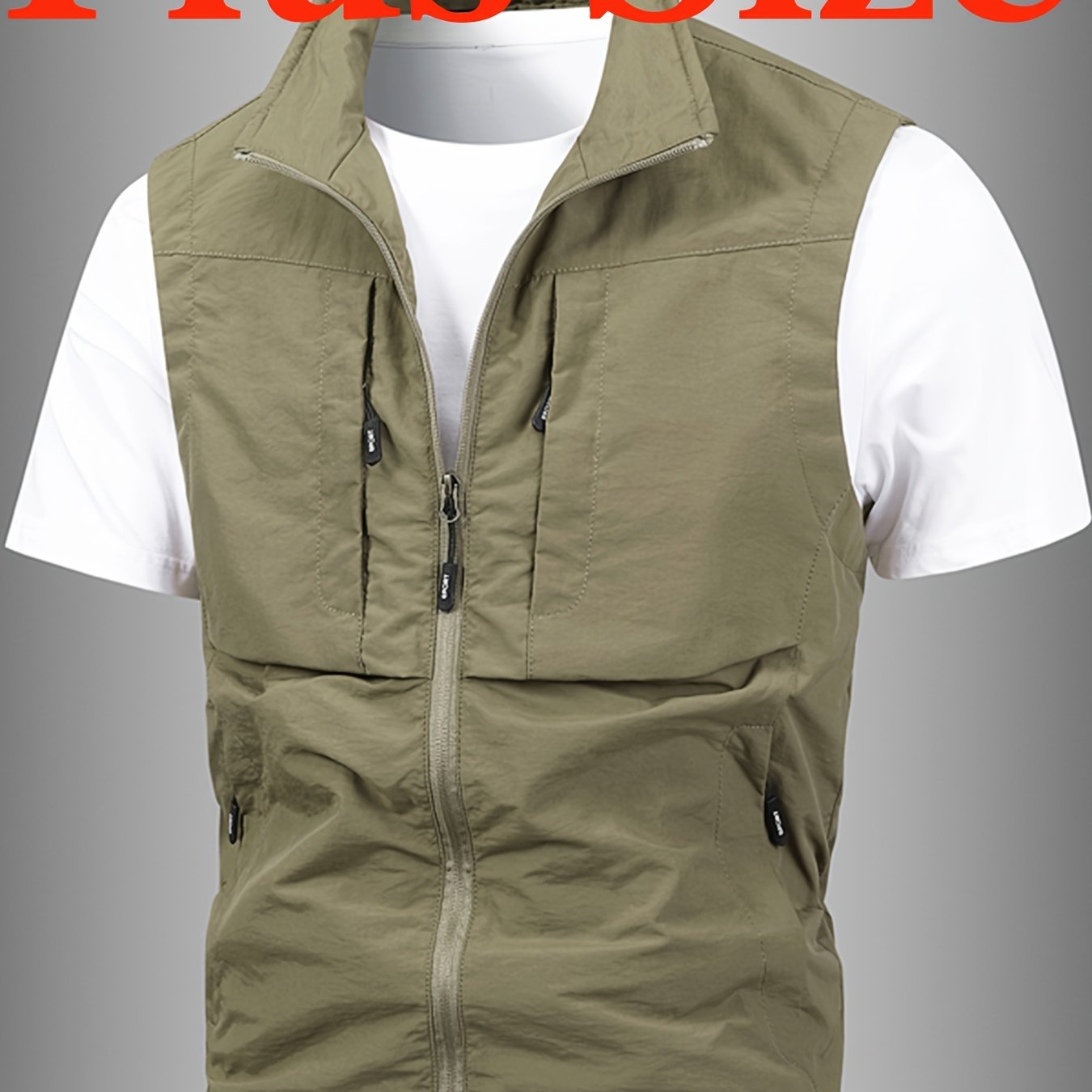TEMU Men's Plus Size 0xl-8xl Spring/autumn New Arrival Casual Minimalist Solid Workwear Vest, Multi-pocket Stand Collar Breathable Work Vest For