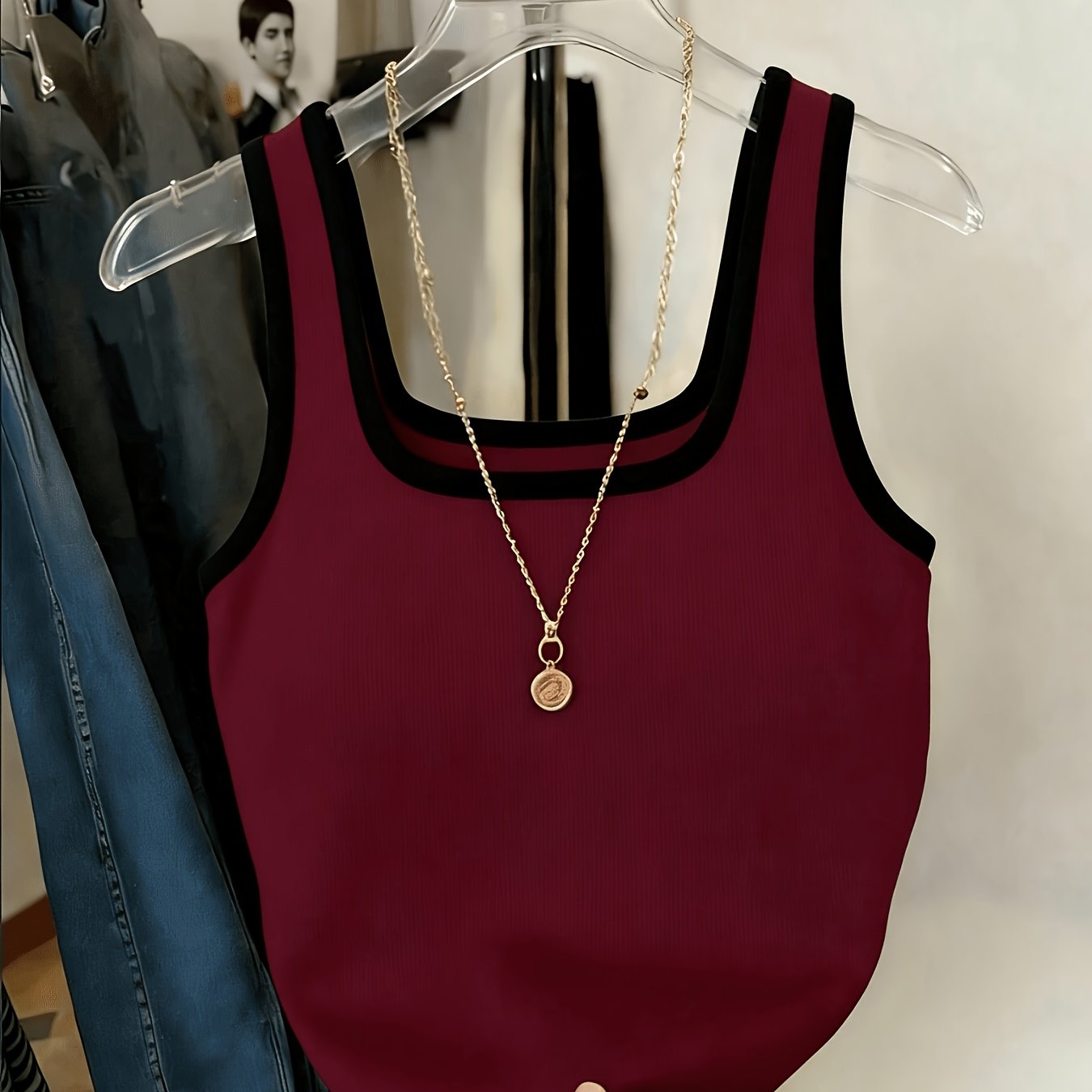 TEMU Contrast Color H-back Vest With Wide Straps, Slim-fit Inner Layer Base Shirt