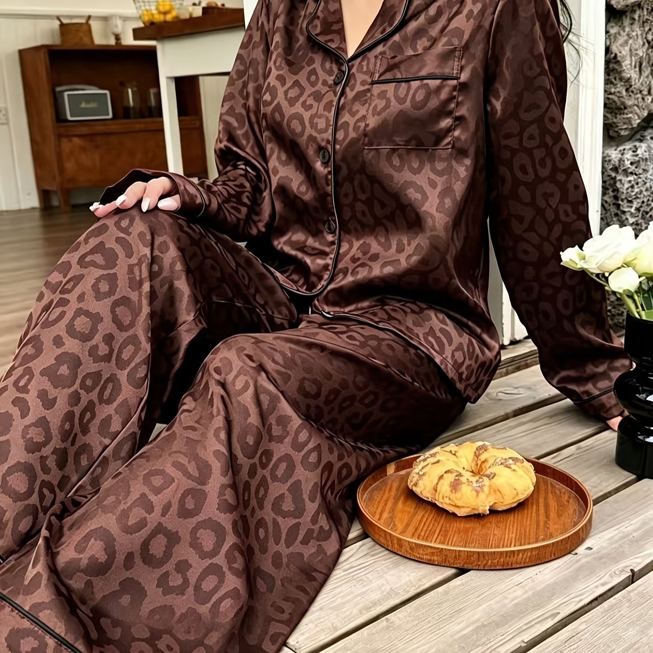 TEMU 2pcs Set: Premium Leopard Print Multi-shape Print Open-front Lapel Comfortable Long-sleeve Button-up Top And Elastic Waistband Trousers, Casual