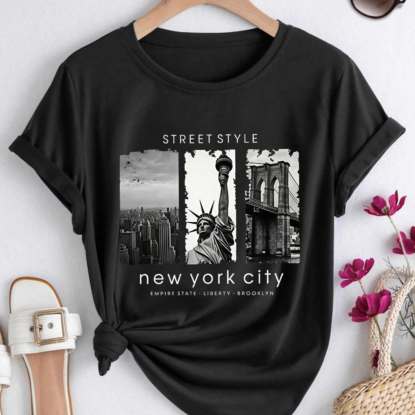 TEMU Women's Plus-size Oversized City T-shirt - Short-sleeve -compatible Top With Nyc Print, Round Neck Loose Fit Suitable For Vacation, Commuting &