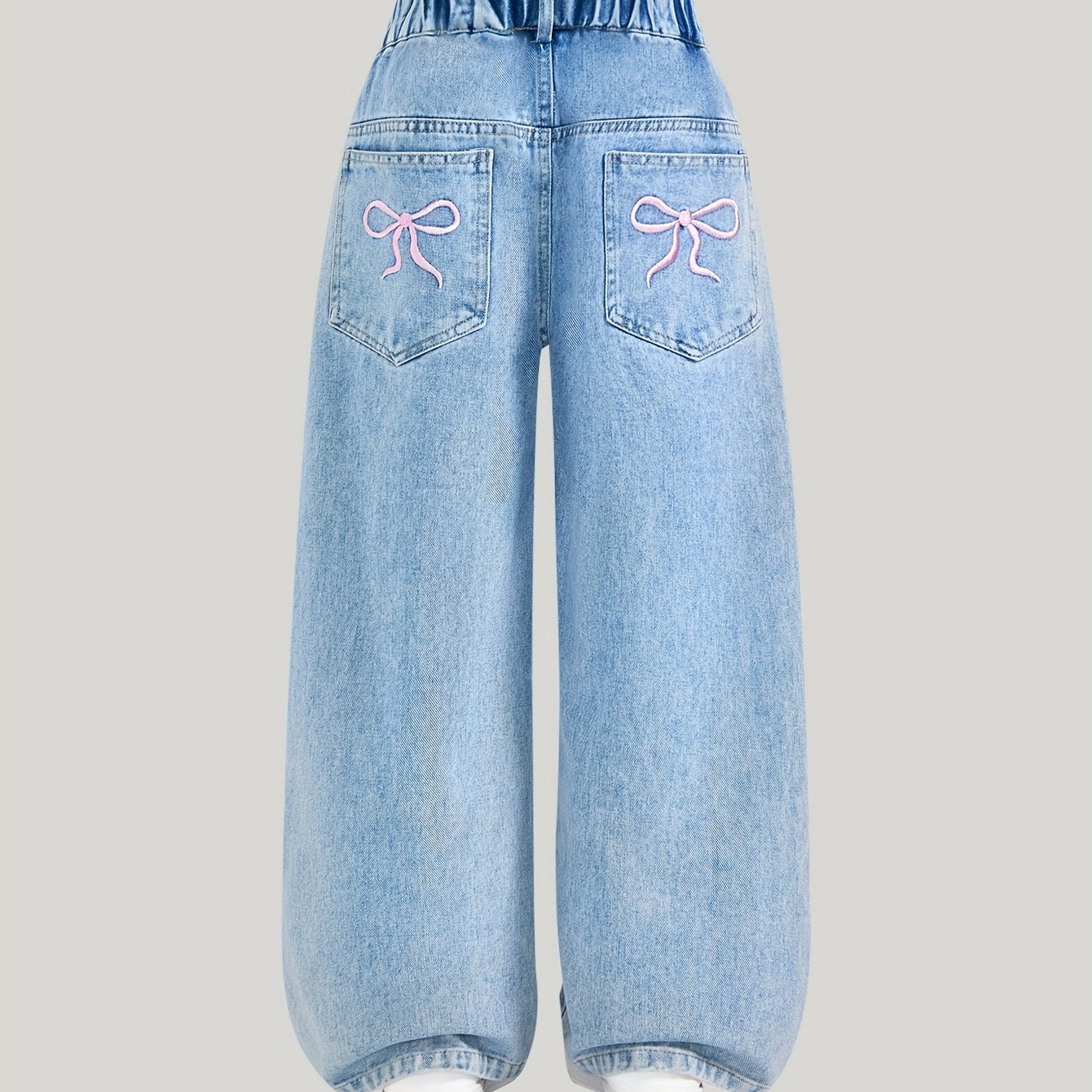 Image of A Pair Of Straight-leg Jeans For Young Girls, Featuring A Y2k-style Embroidered Bow-knot . Comfortable Stretch Elastic Waistband, Suitable For Daily , Casual Sports, Back-to-, And . Versatile For