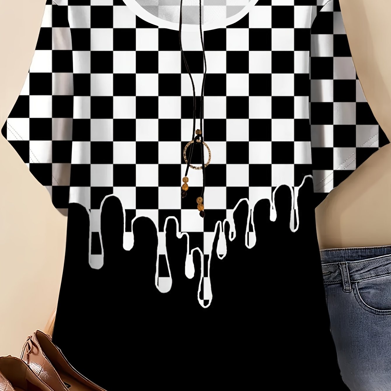 TEMU Vêtements pour Femmes Grande Taille, T-shirt pour Dames, Motif à Carreaux avec de Couleurs, Style Simple et Polyvalent, T-shirt Imprimé, Haut à